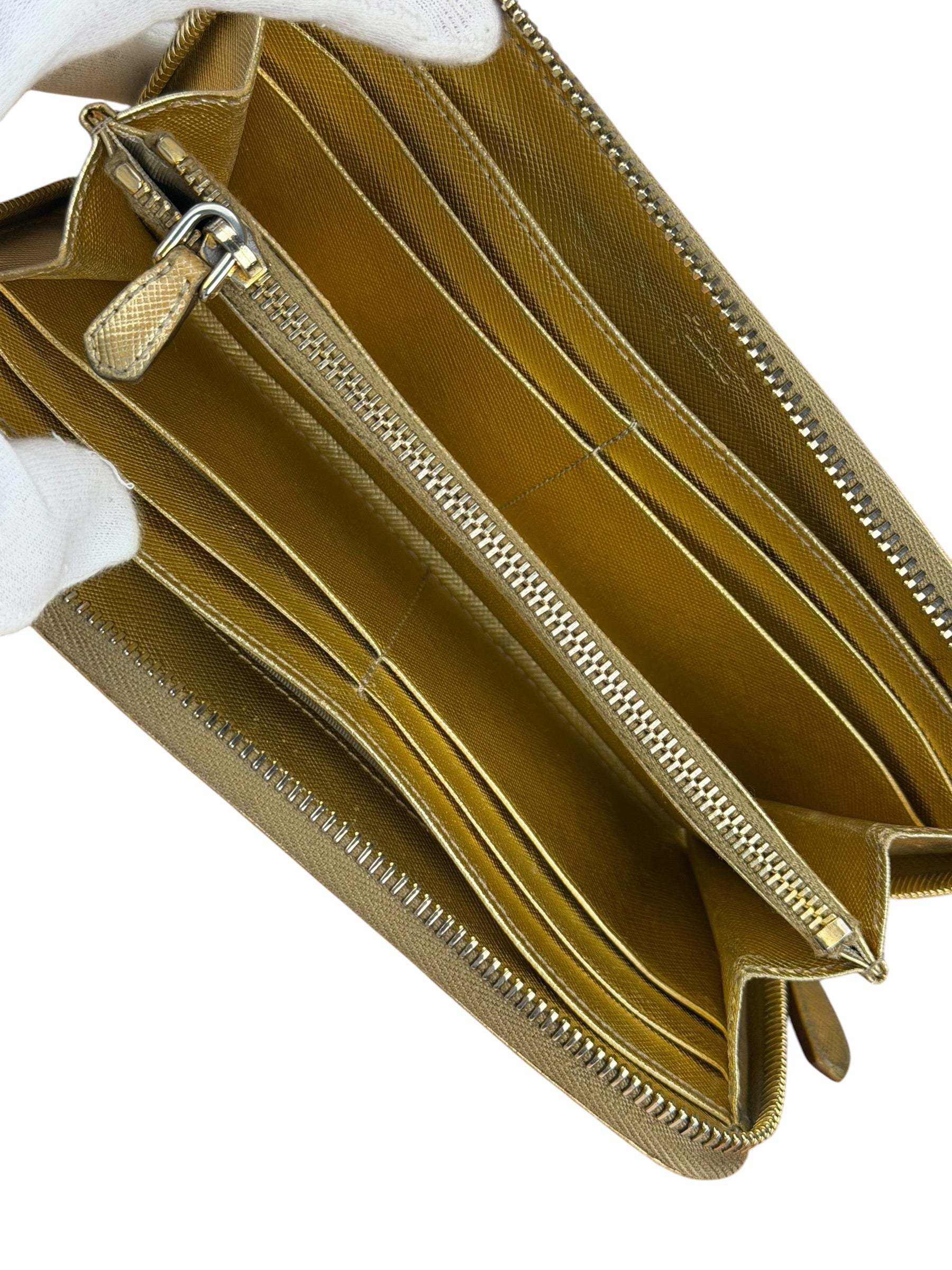 Prada Metallic Gold Saffiano Leather Zip-Around Wallet