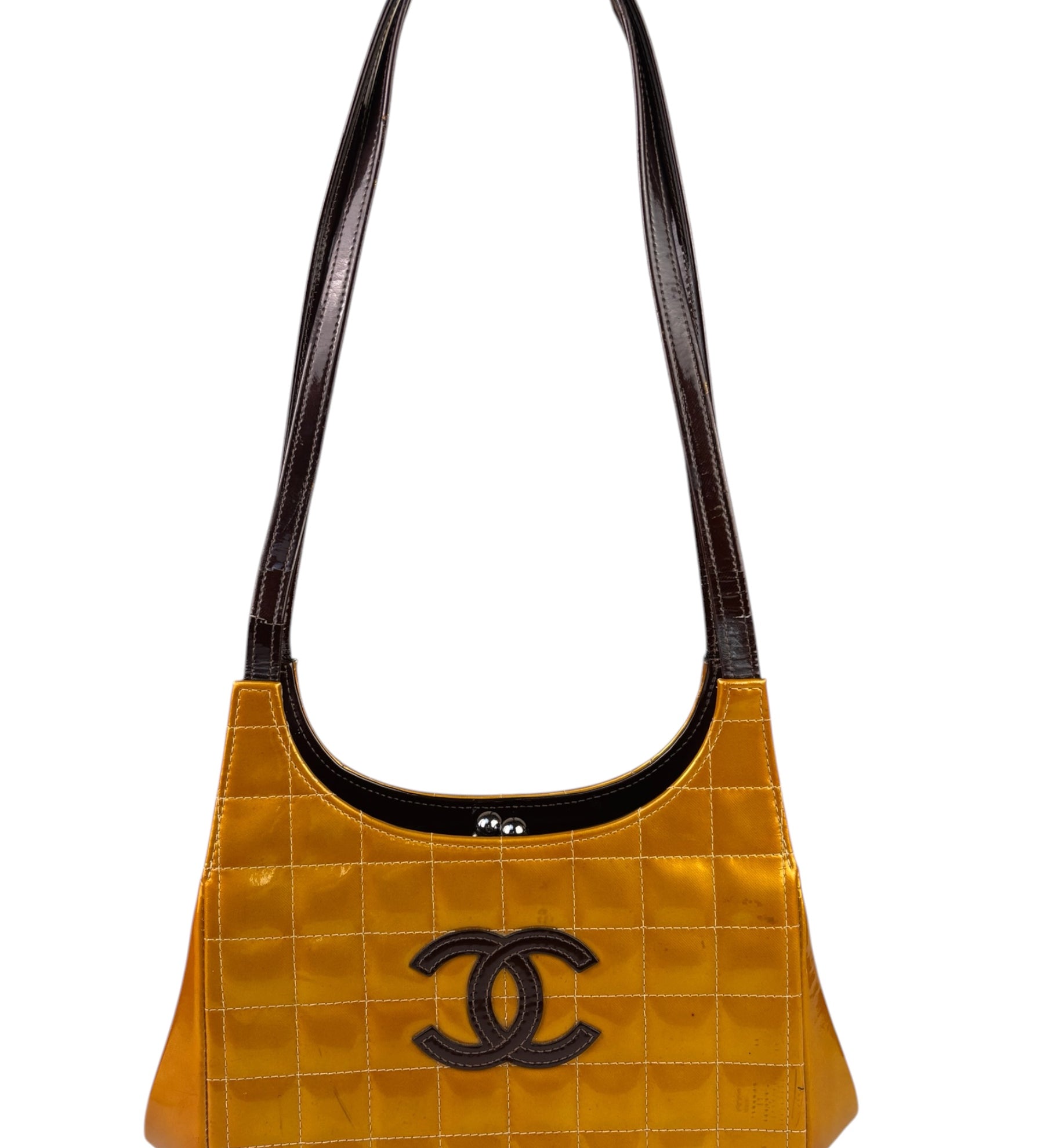 Chanel Mustard Yellow Patent Leather Chocolate Bar Hobo Bag 2002