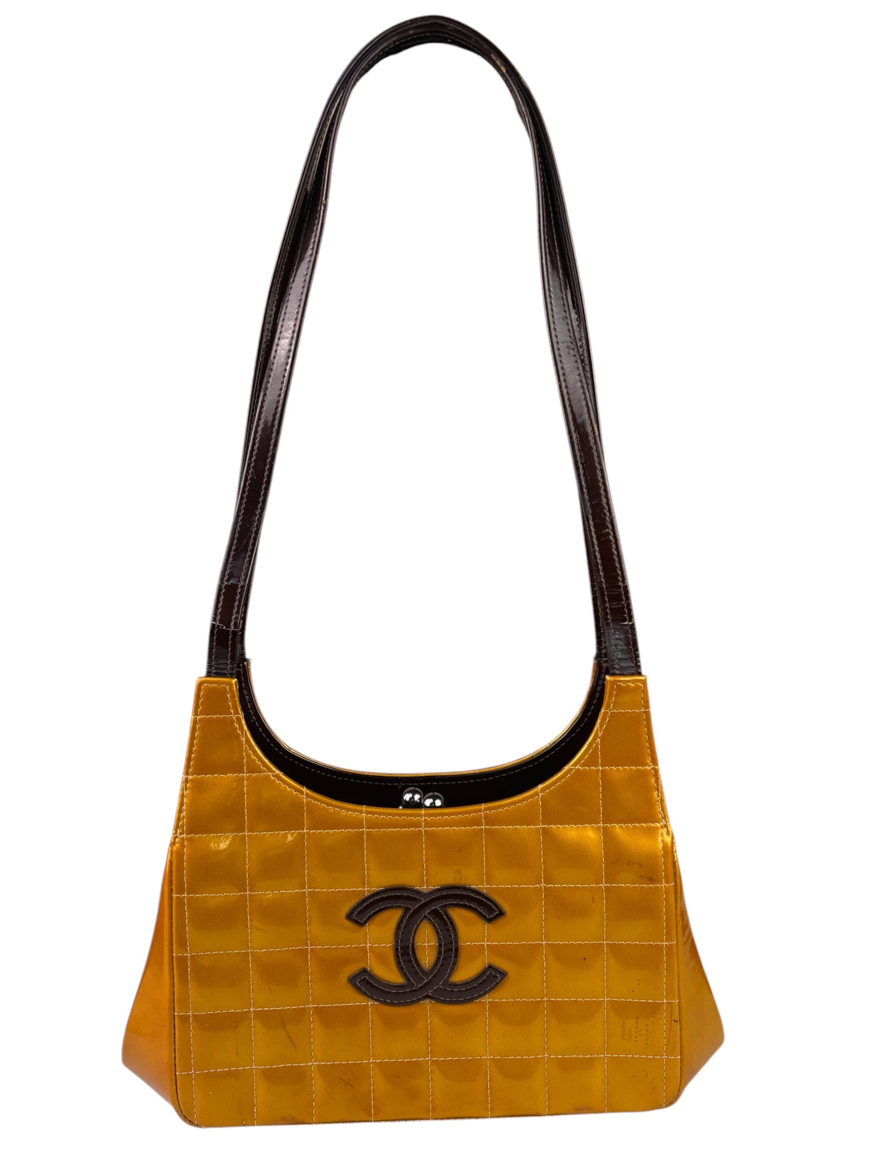 Chanel Mustard Yellow Patent Leather Chocolate Bar Hobo Bag 2002