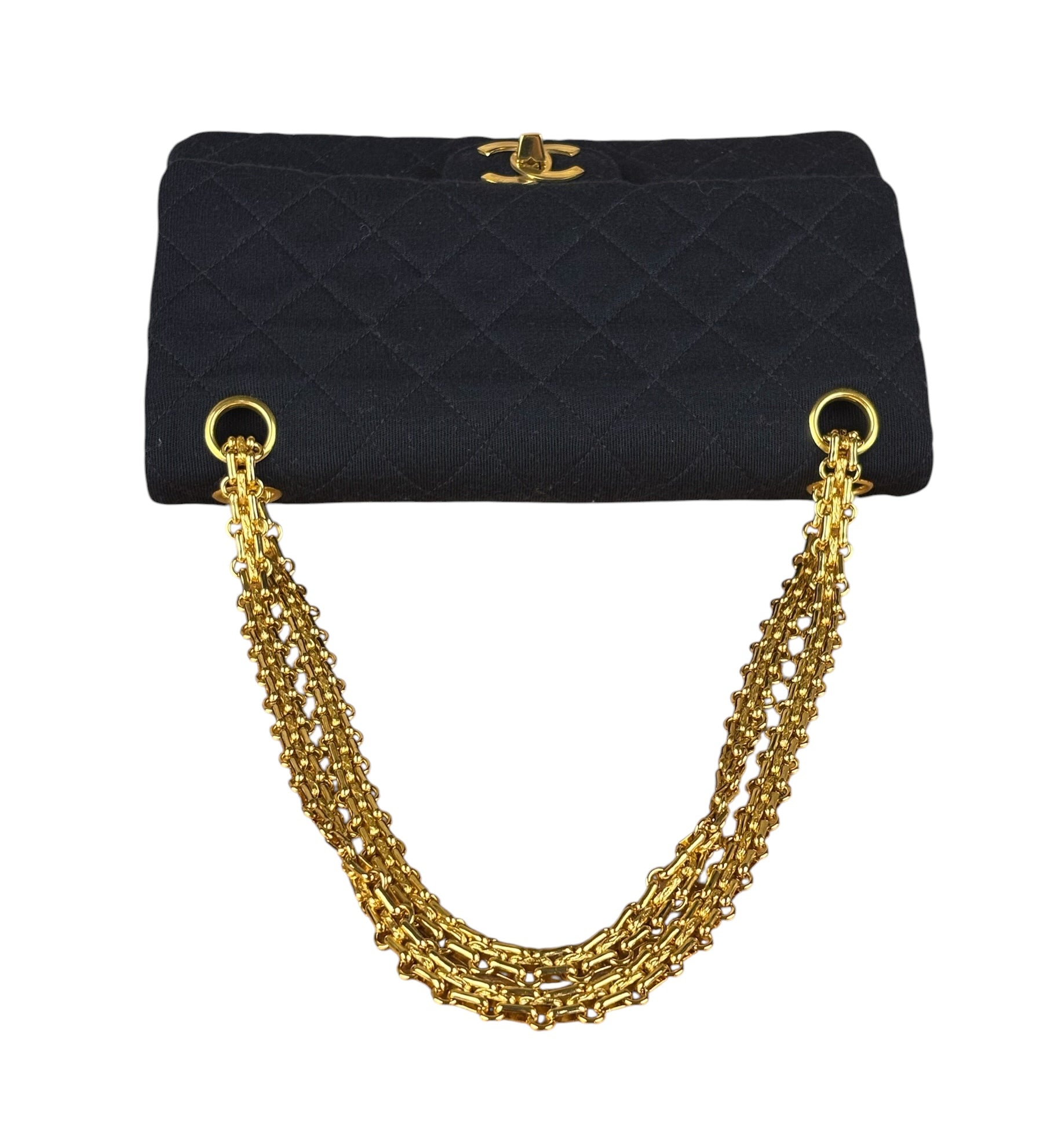 Chanel Navy Blue Cotton Jersey Classic Double Flap Shoulder Bag