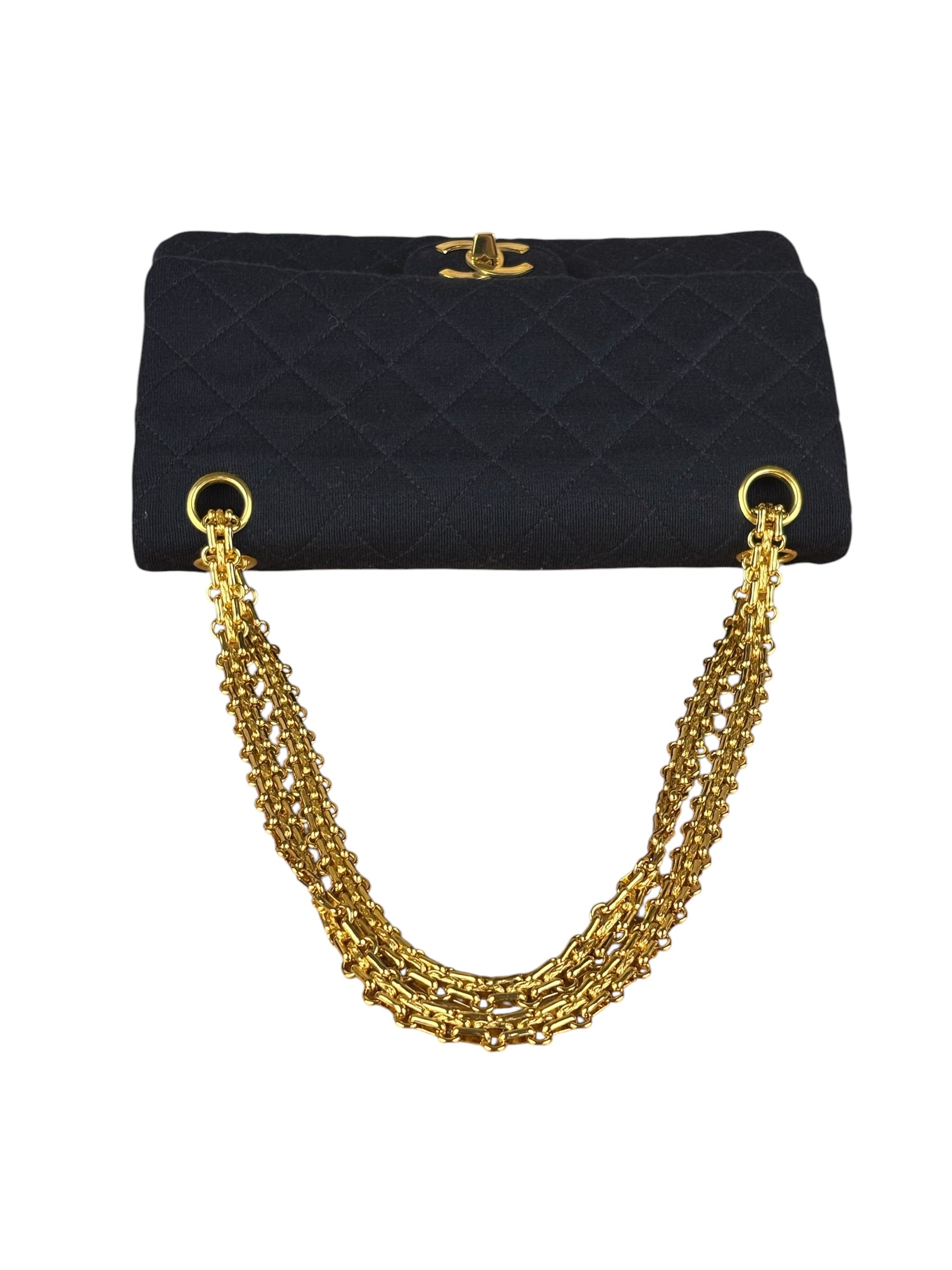 Chanel Navy Blue Cotton Jersey Classic Double Flap Shoulder Bag