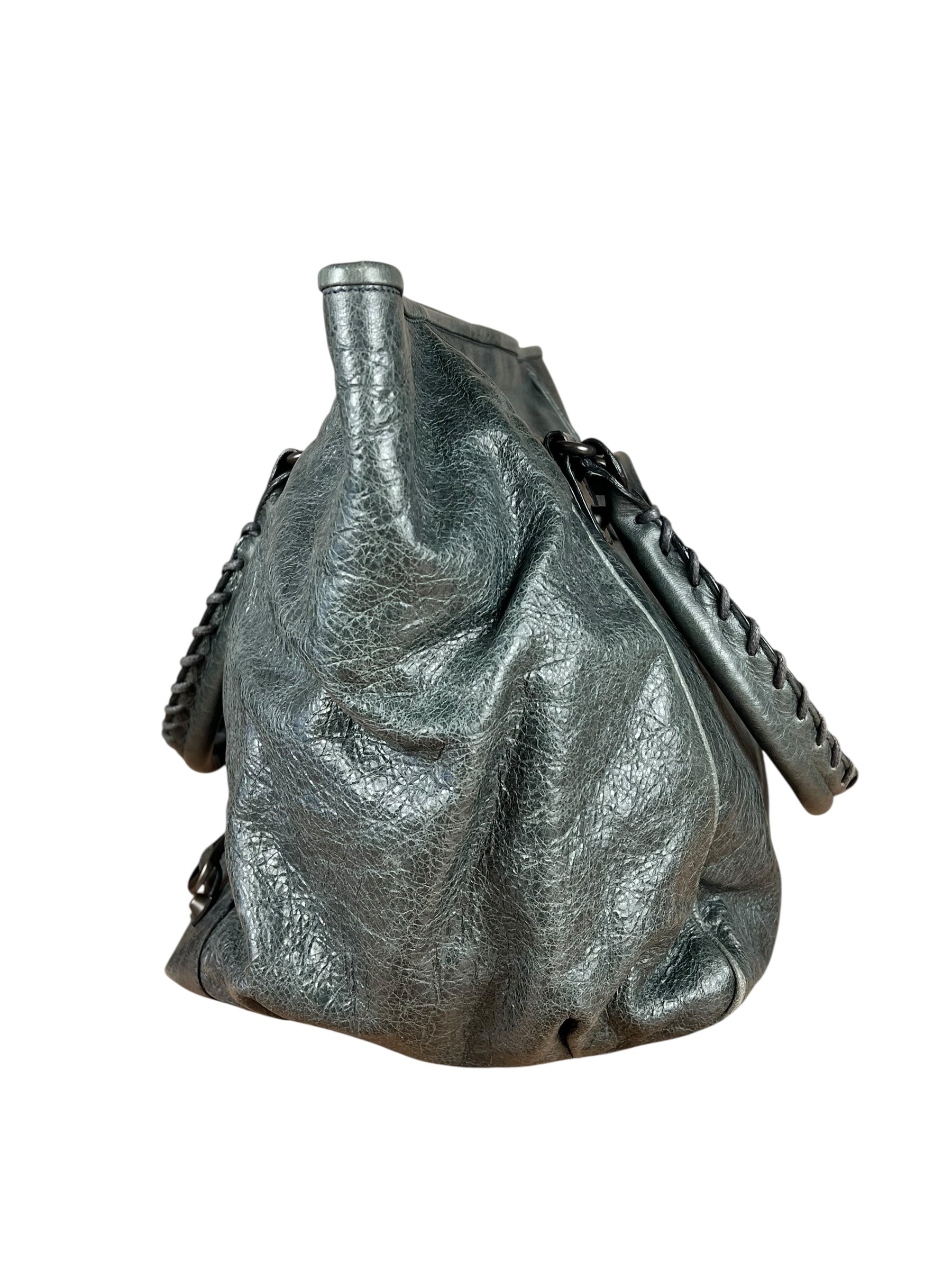 Balenciaga Leather Motocross Muted Teal Sunday Tote