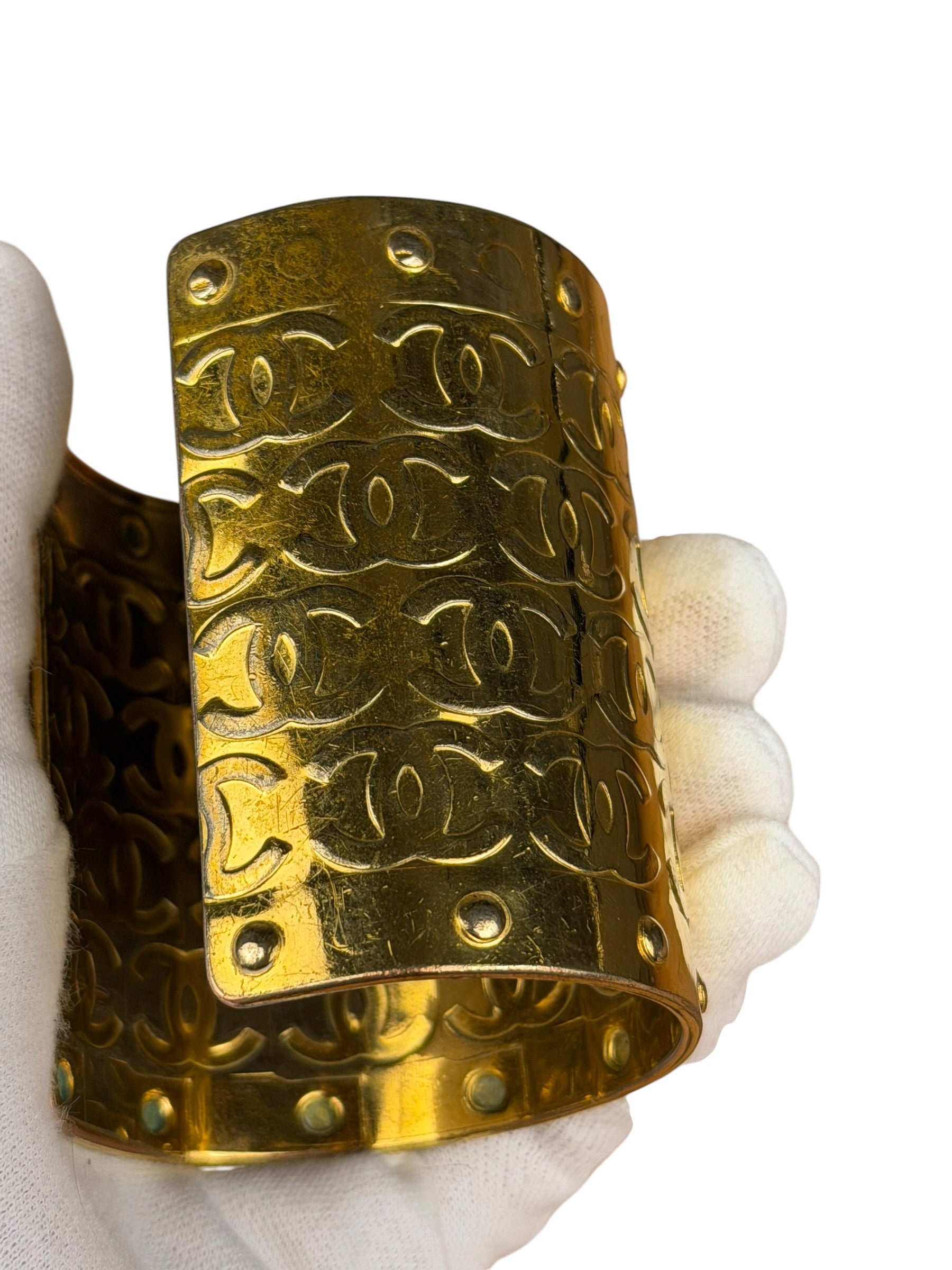 Chanel Vintage Gold CC Print Cuff Bracelet