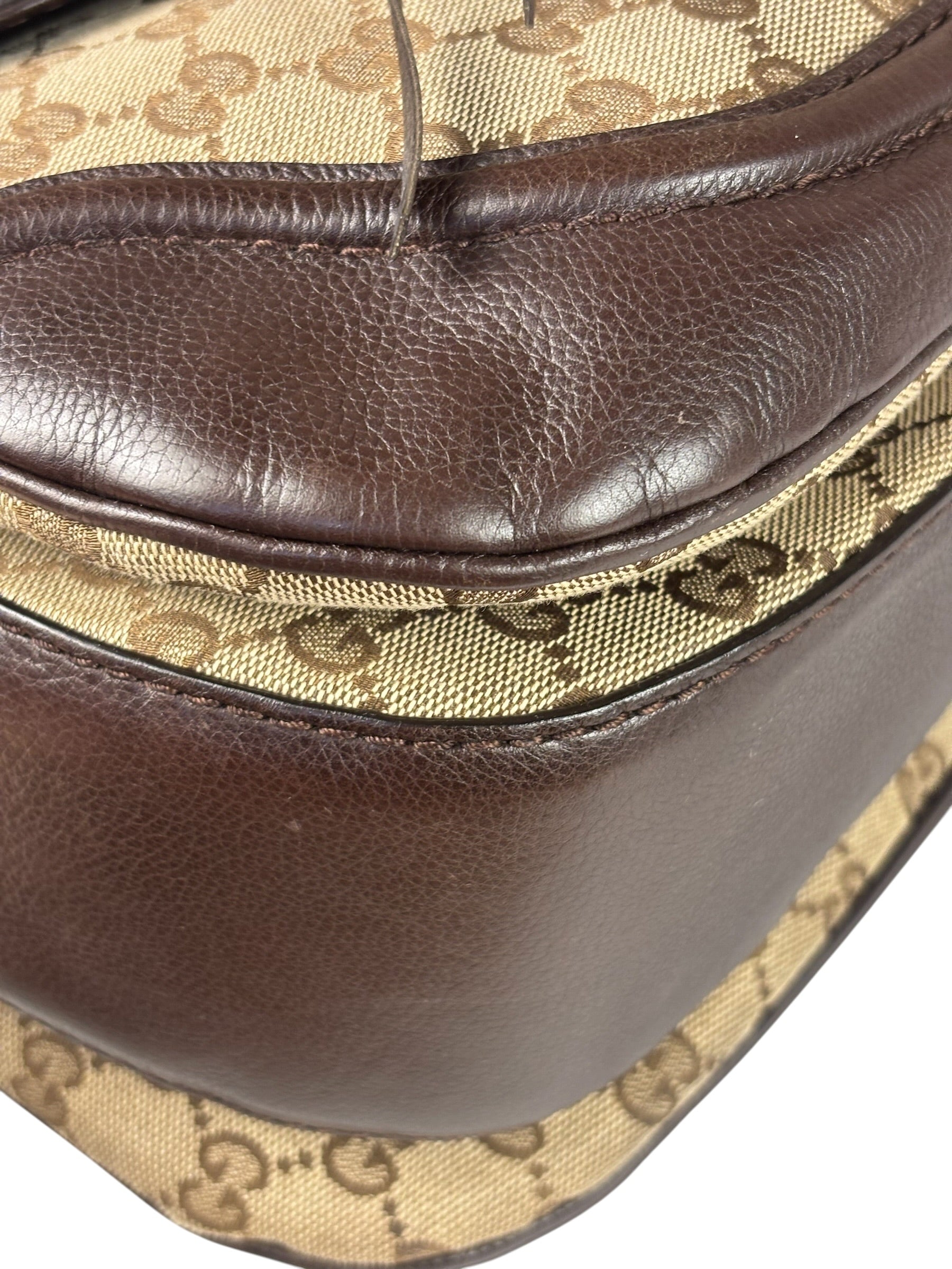 Gucci Brown Leather Trim GG Bamboo Handle Two-Way Bag
