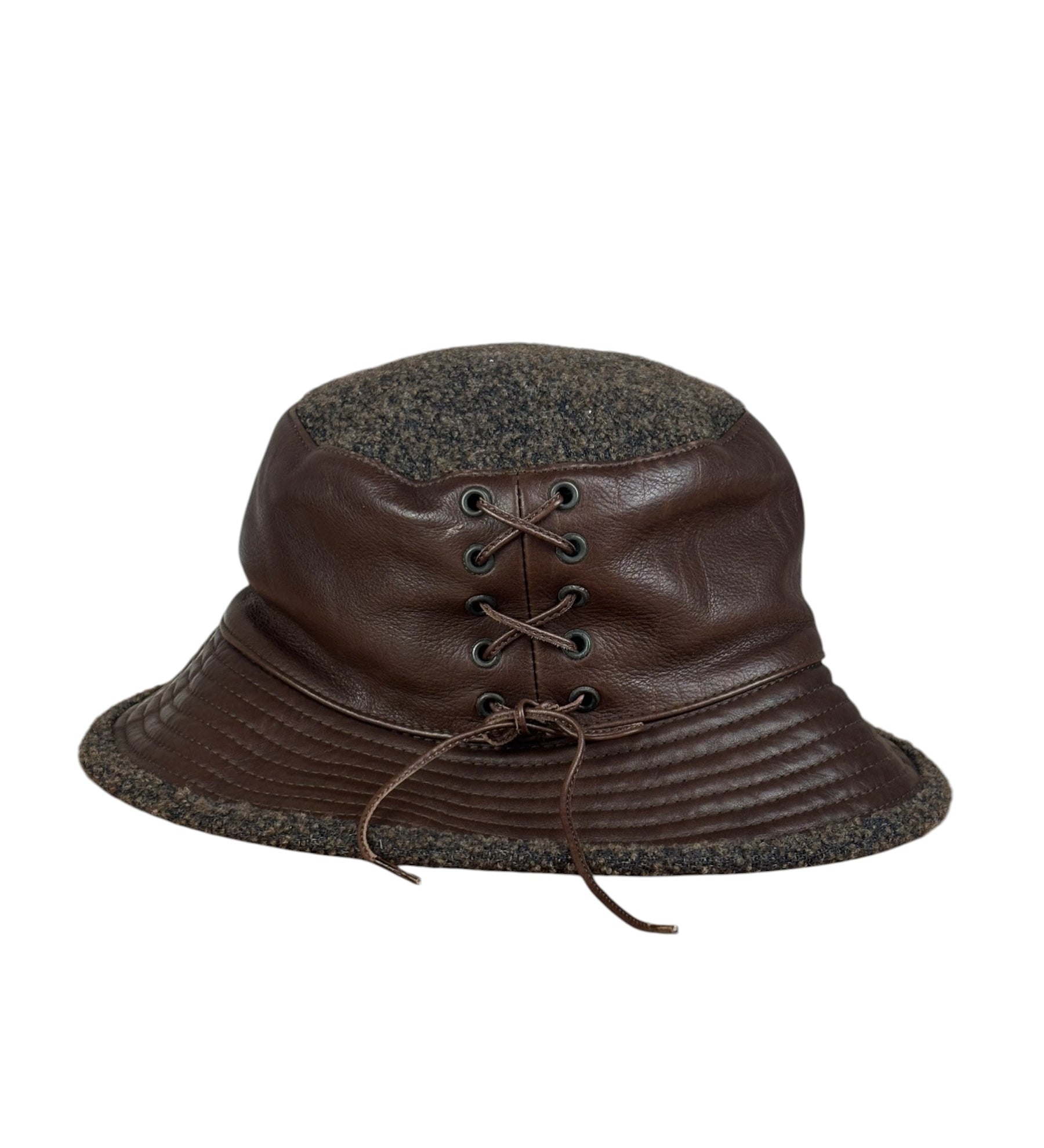 Hermes Vintage Brown Leather-Trimmed Motsch Bucket Hat