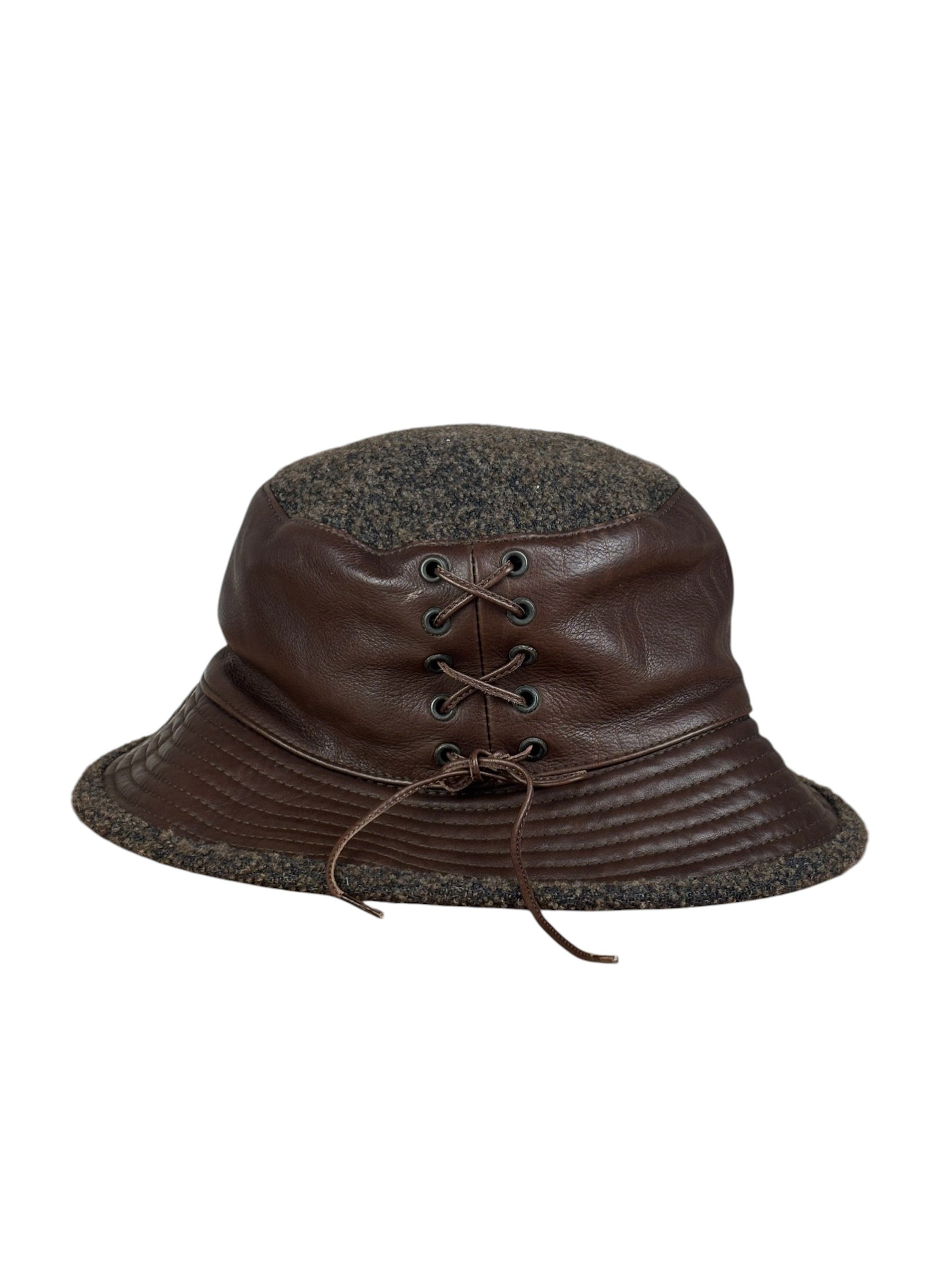 Hermes Vintage Brown Leather-Trimmed Motsch Bucket Hat