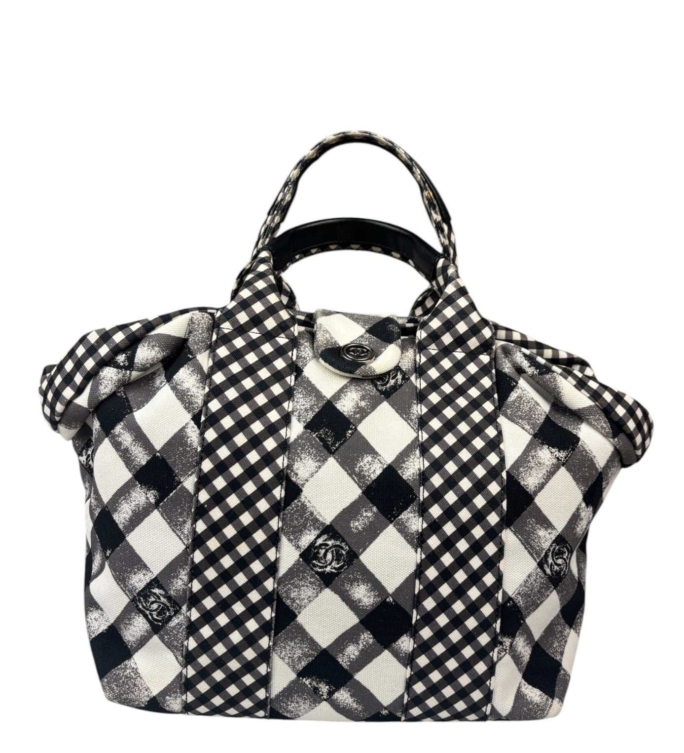 Chanel Bicolor Leather Trim Gingham Canvas Coco Mark Handbag 2010