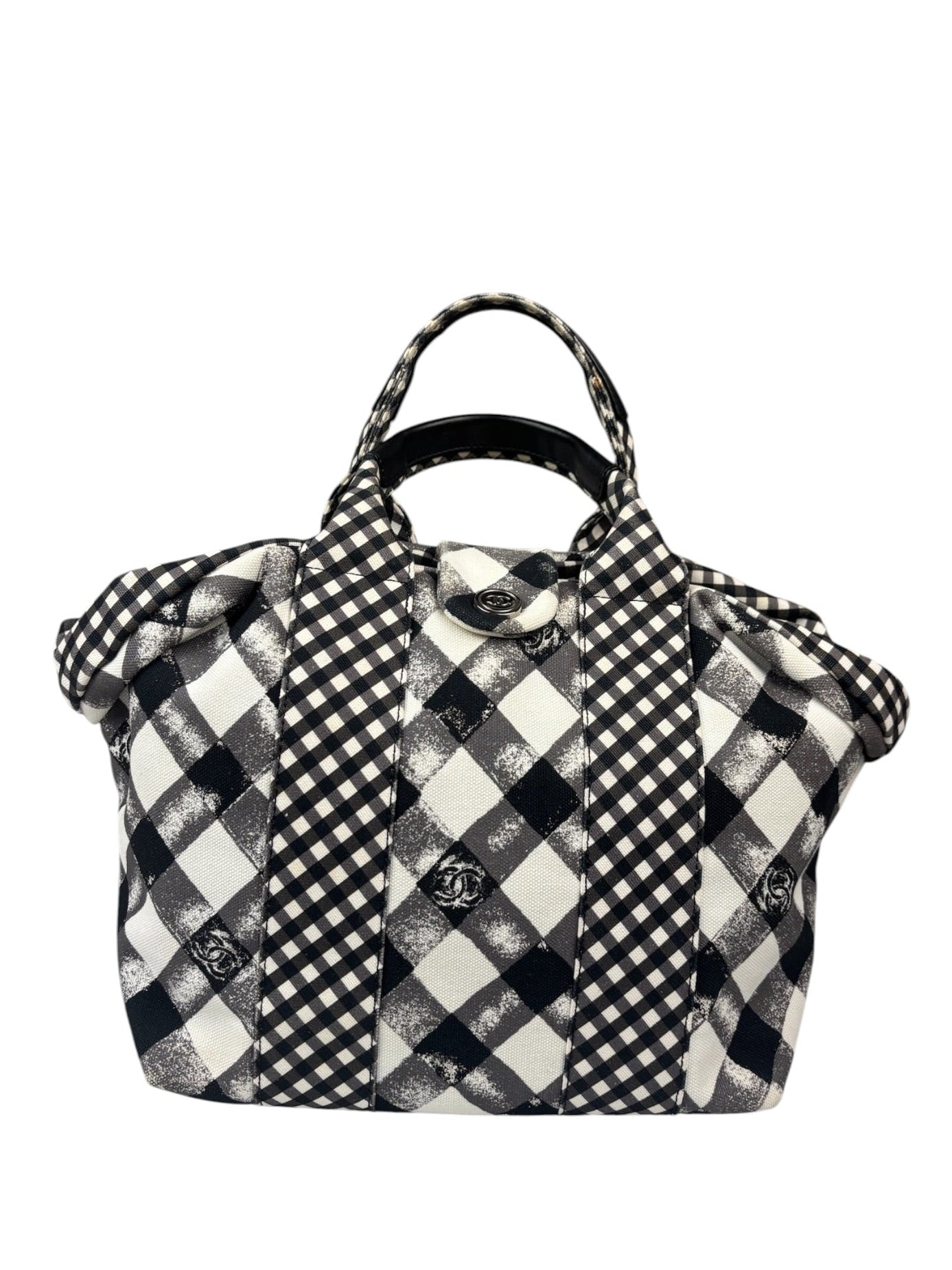 Chanel Bicolor Leather Trim Gingham Canvas Coco Mark Handbag 2010