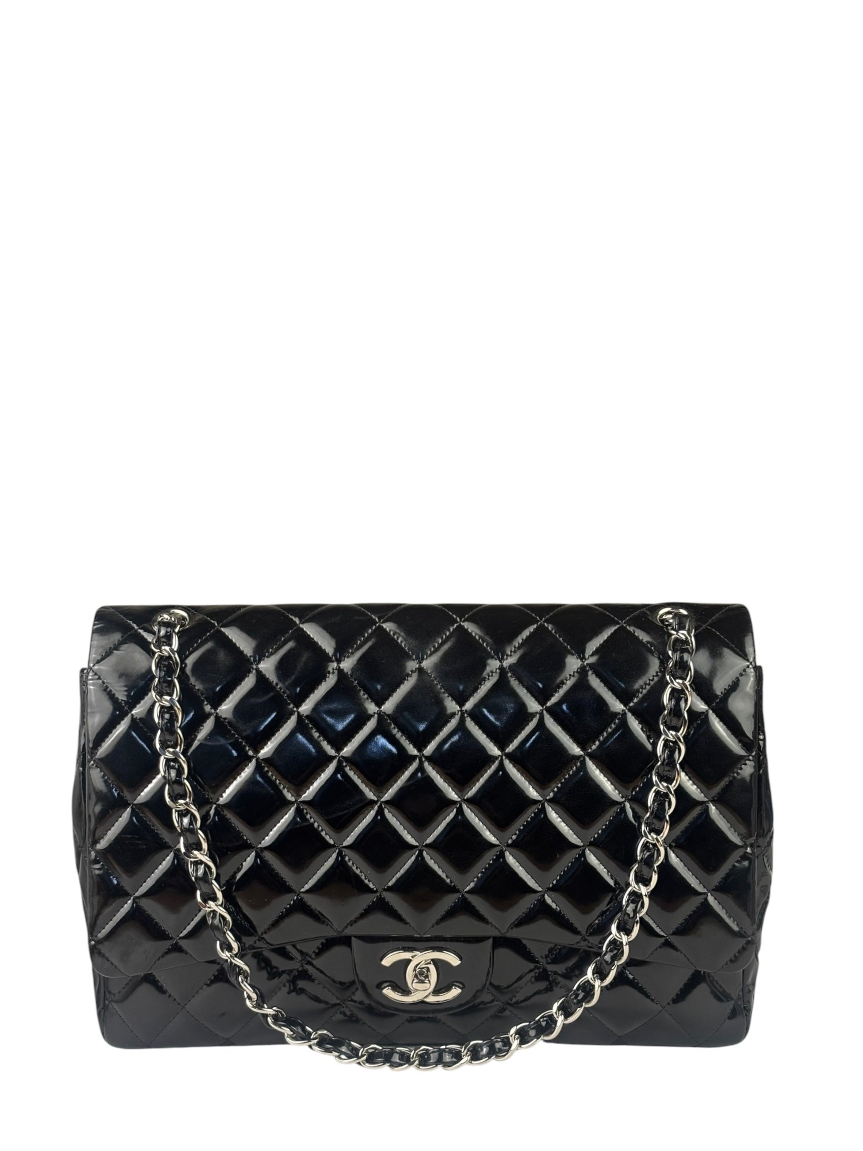 Chanel Black Patent Leather Quilted Leather Double Flap Jumbo Bag 2012