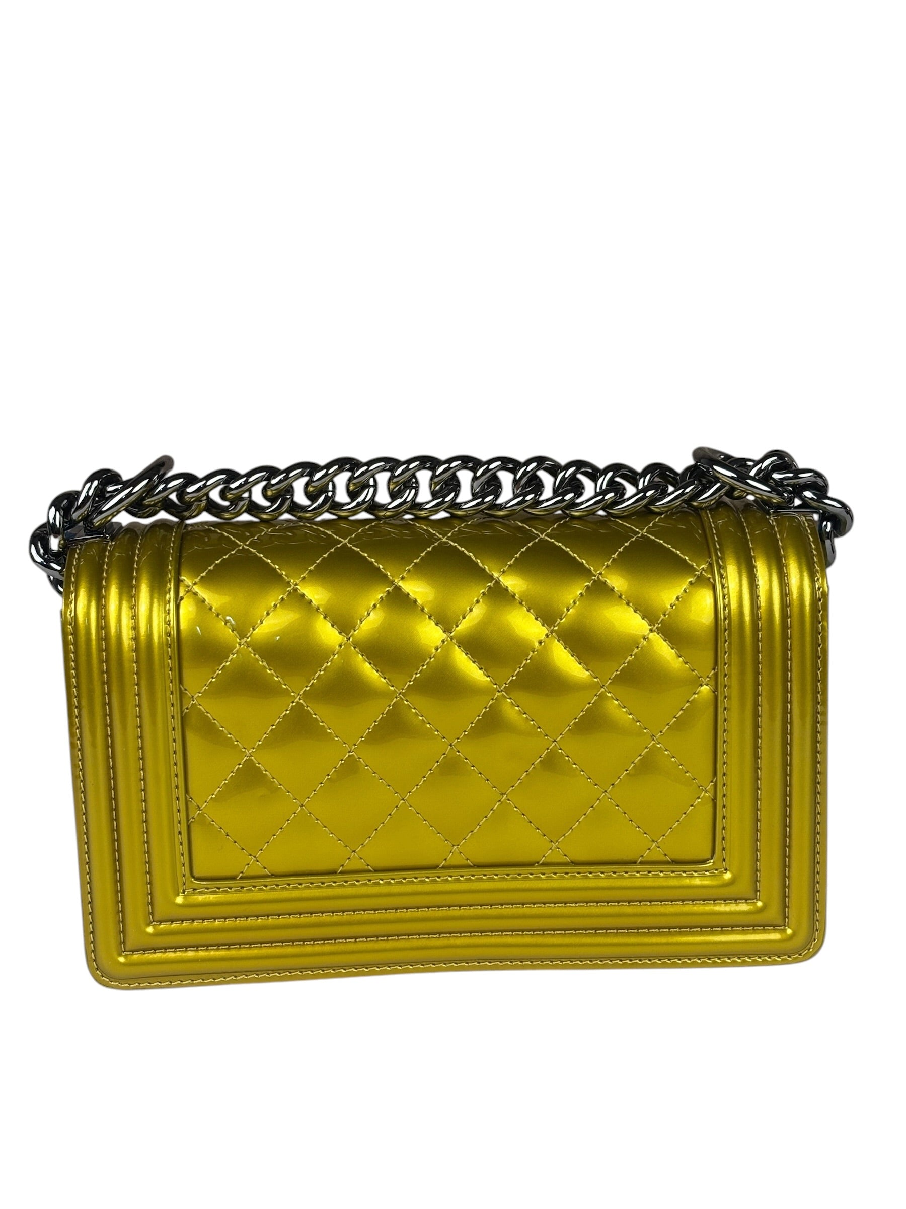 Chanel Metallic Yellow Quilted Patent Leather Mini Boy Flap Bag 2014