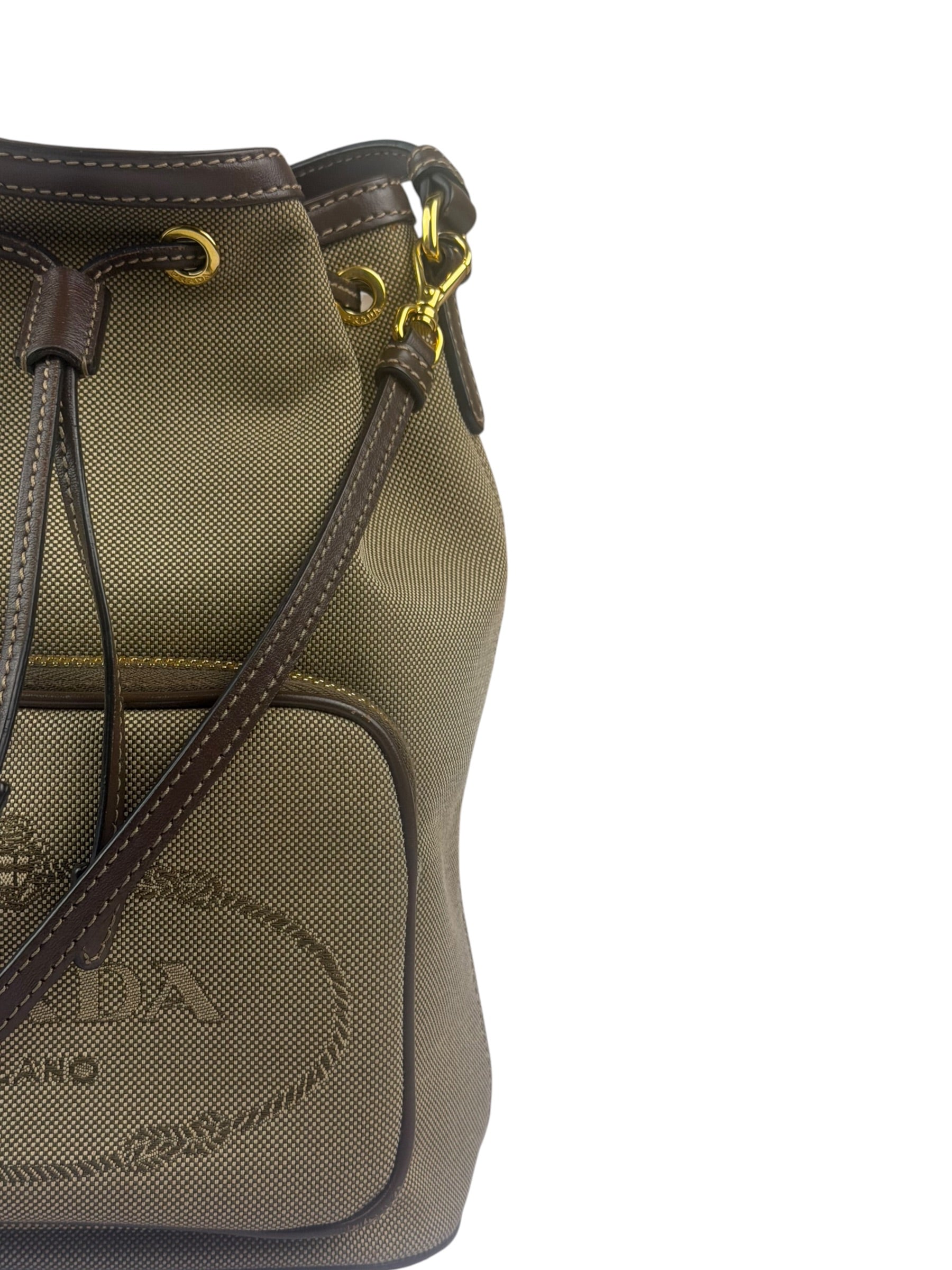 Prada Tan Beige Leather Trim Jaquard Canvas Bucket Bag