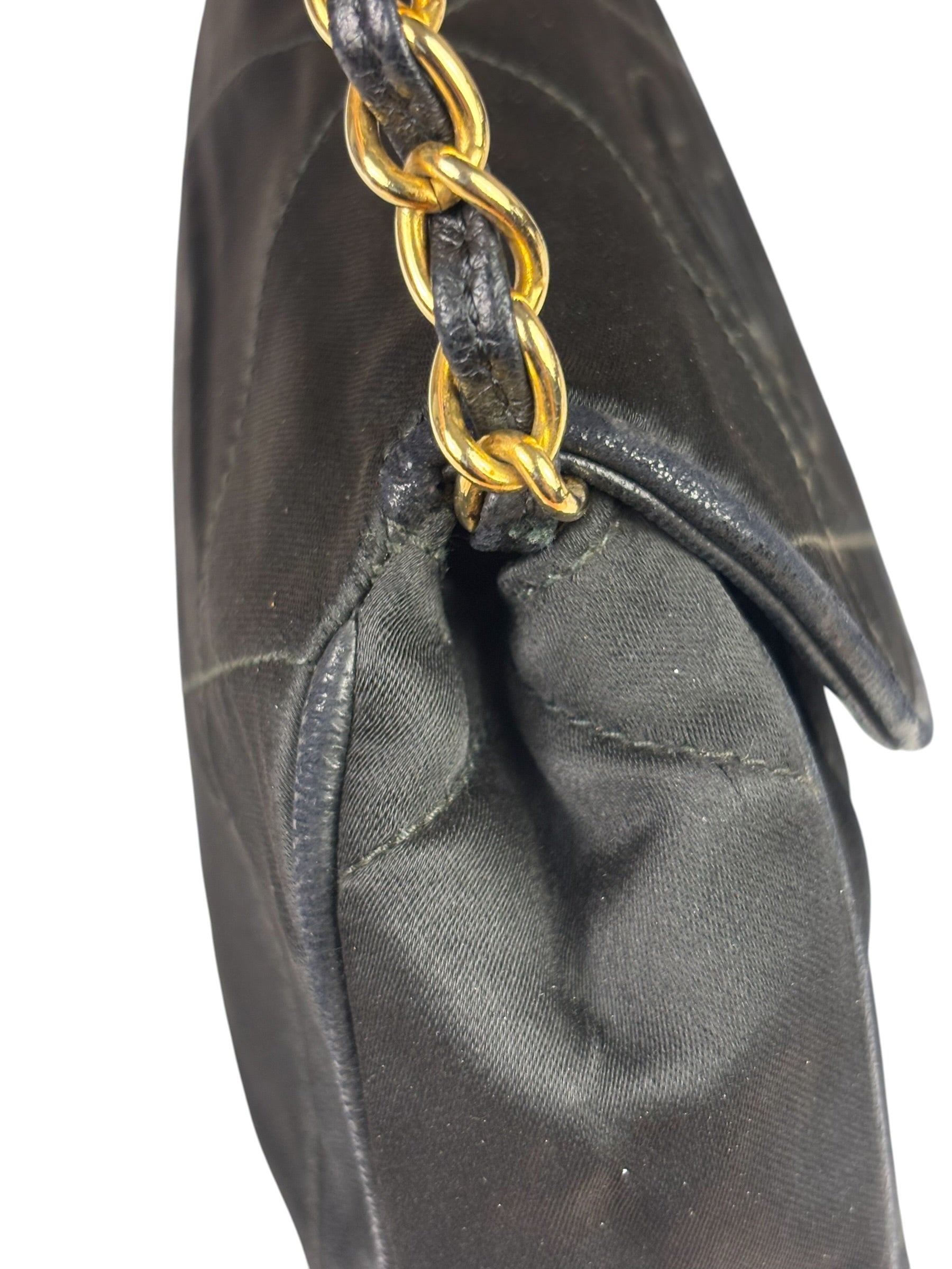 Chanel Black Quilted Satin/Leather Trim Chain Shoulder Bag 1989