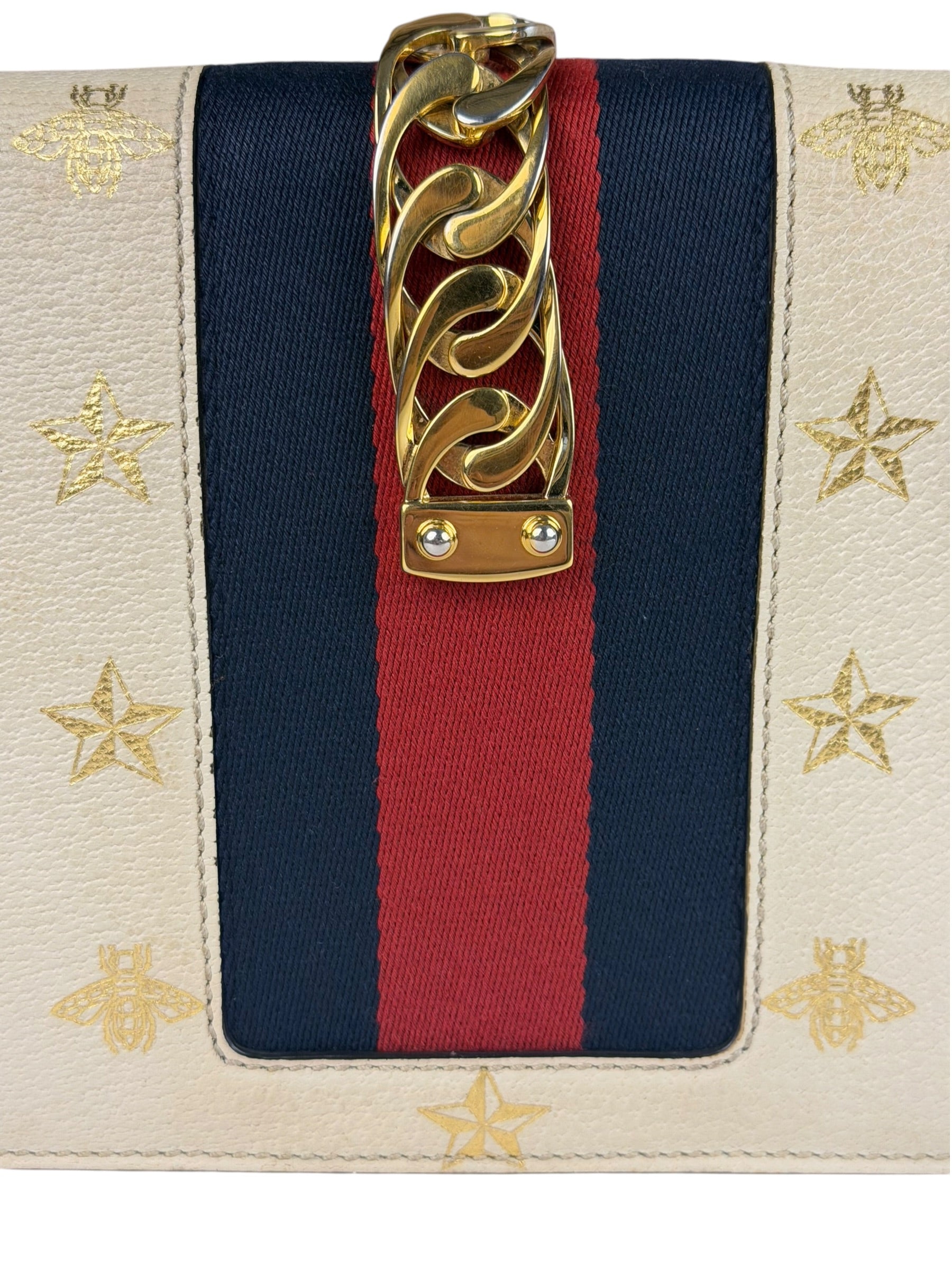 Gucci Textured Calfskin Bee Star Sylvie Shoulder Bag White