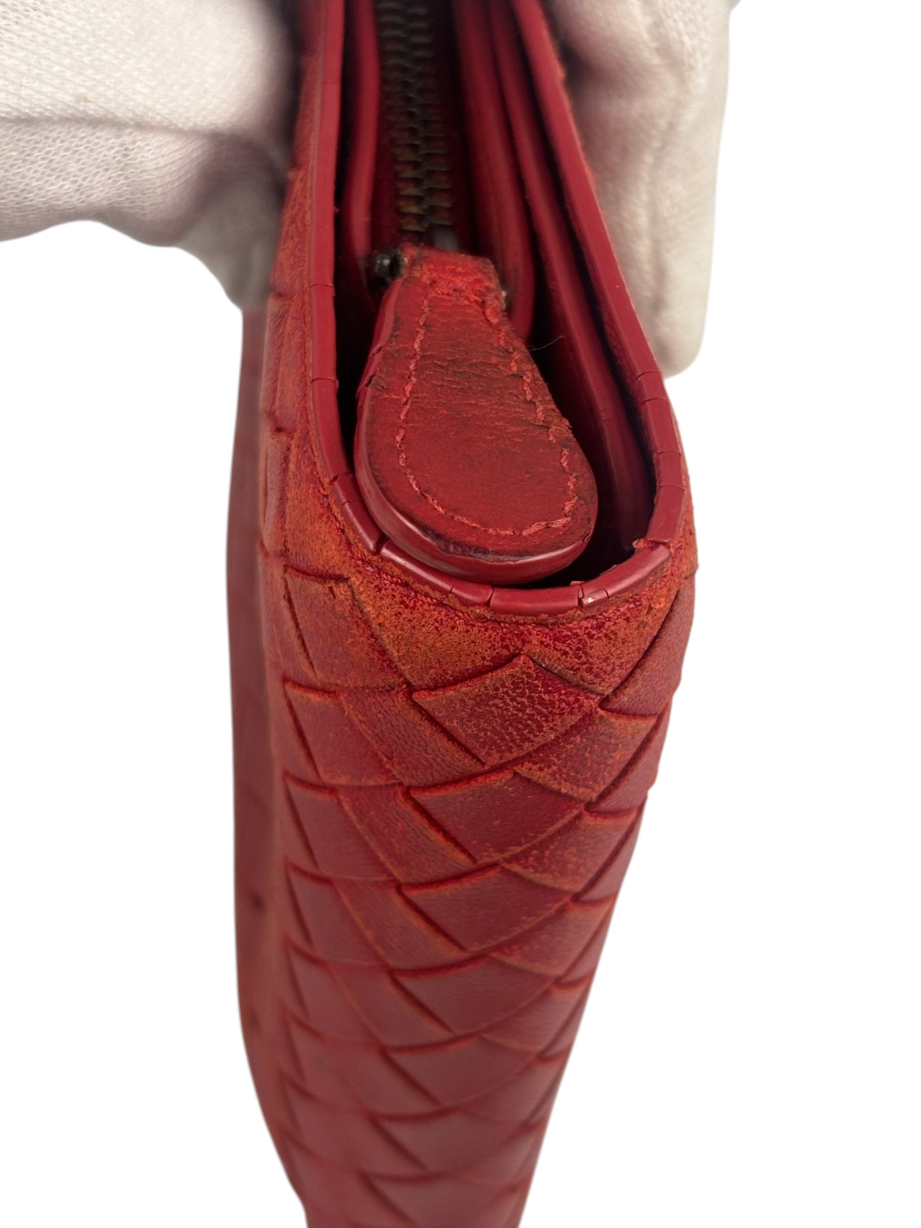Bottega Veneta Red Leather Nappa Intercciato French Compact Wallet