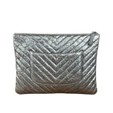 Chanel Chevron Aged Metallic Silver Patent Leather O-Case Clutch 1992
