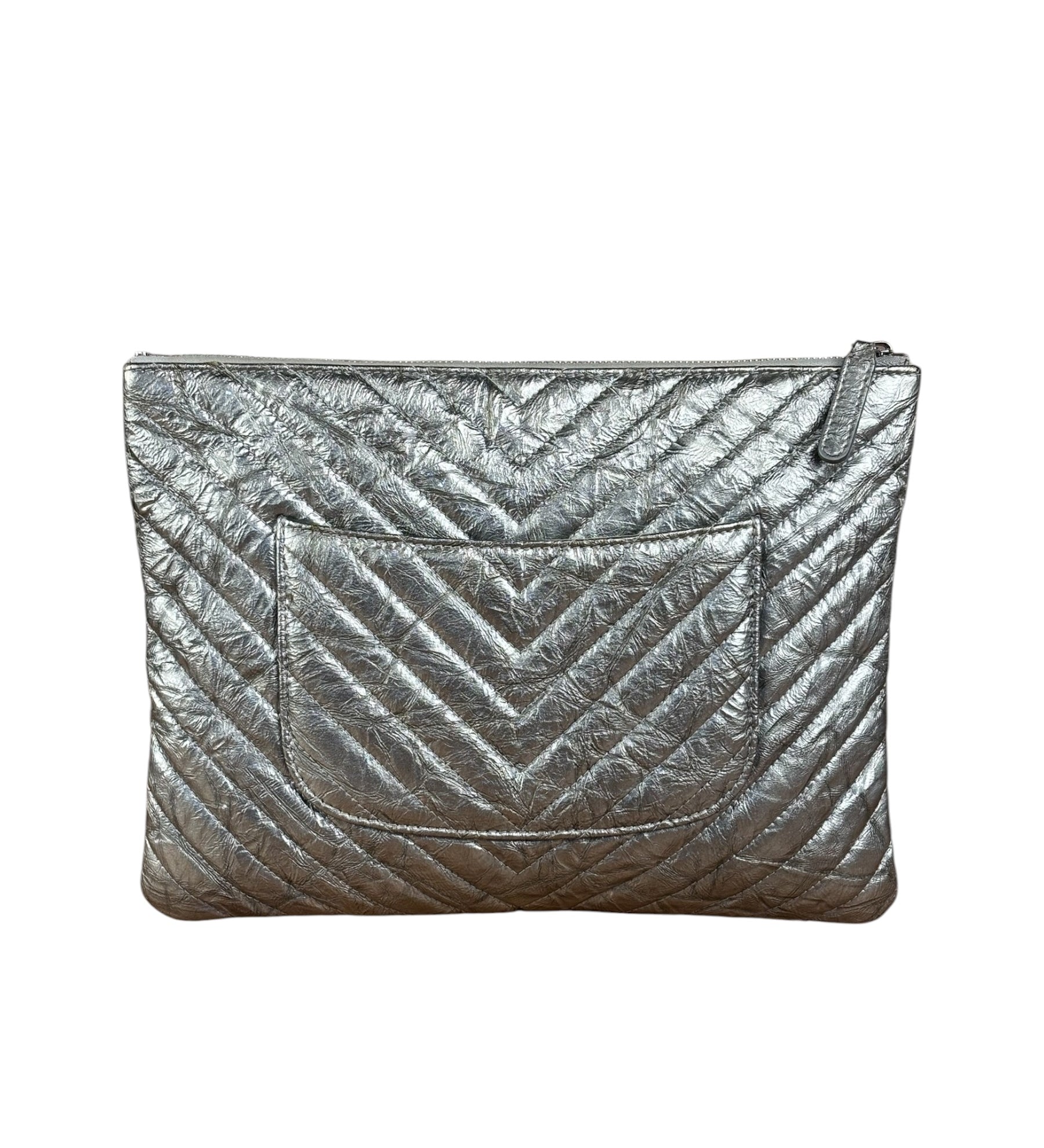 Chanel Chevron Aged Metallic Silver Patent Leather O-Case Clutch 1992