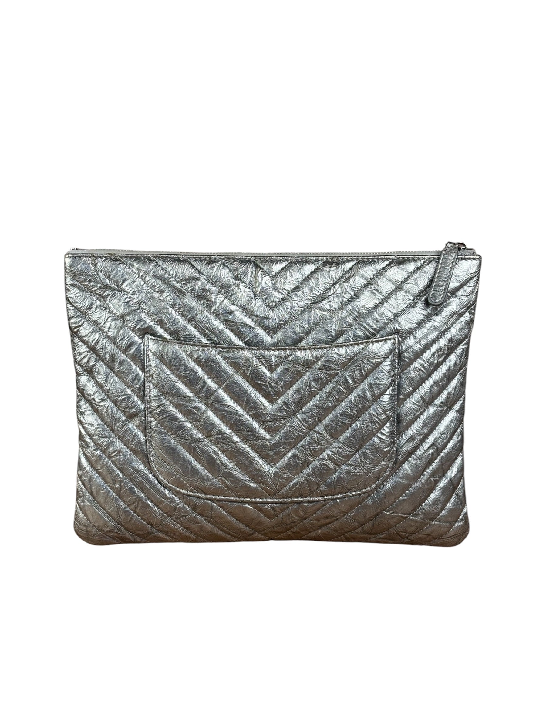 Chanel Chevron Aged Metallic Silver Patent Leather O-Case Clutch 1992