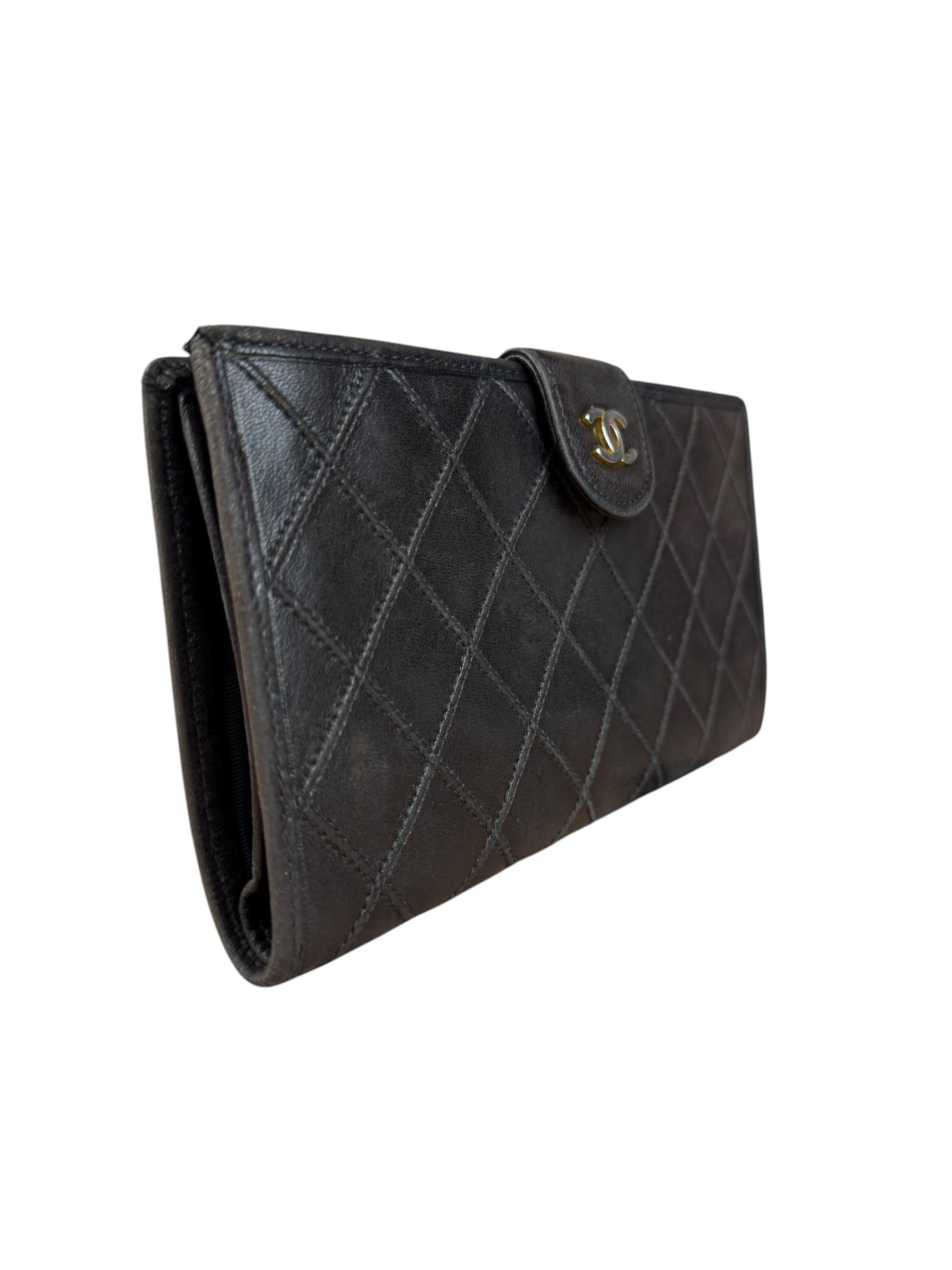 Chanel Vintage Dark Brown Leather Quilted CC Long Wallet