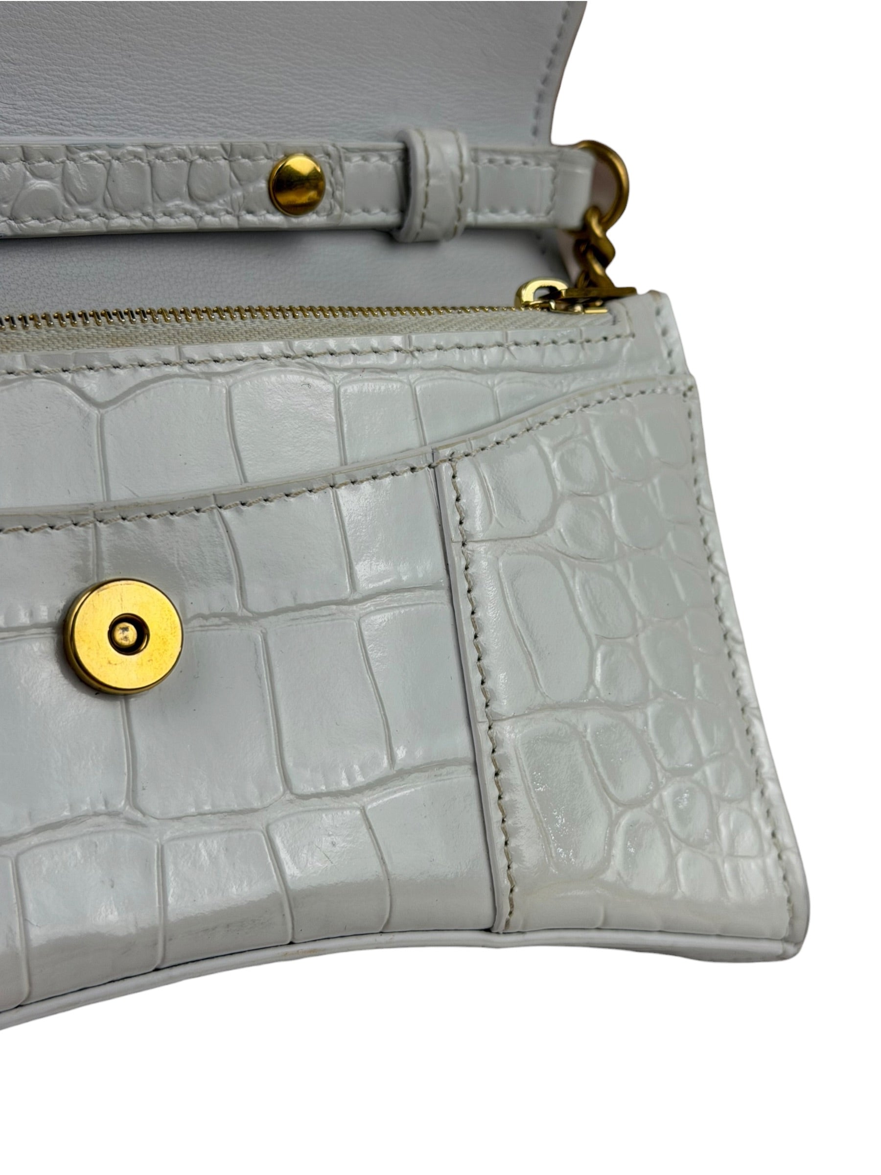 Balenciaga White Crocodile Embossed Hourglass Wallet On Chain