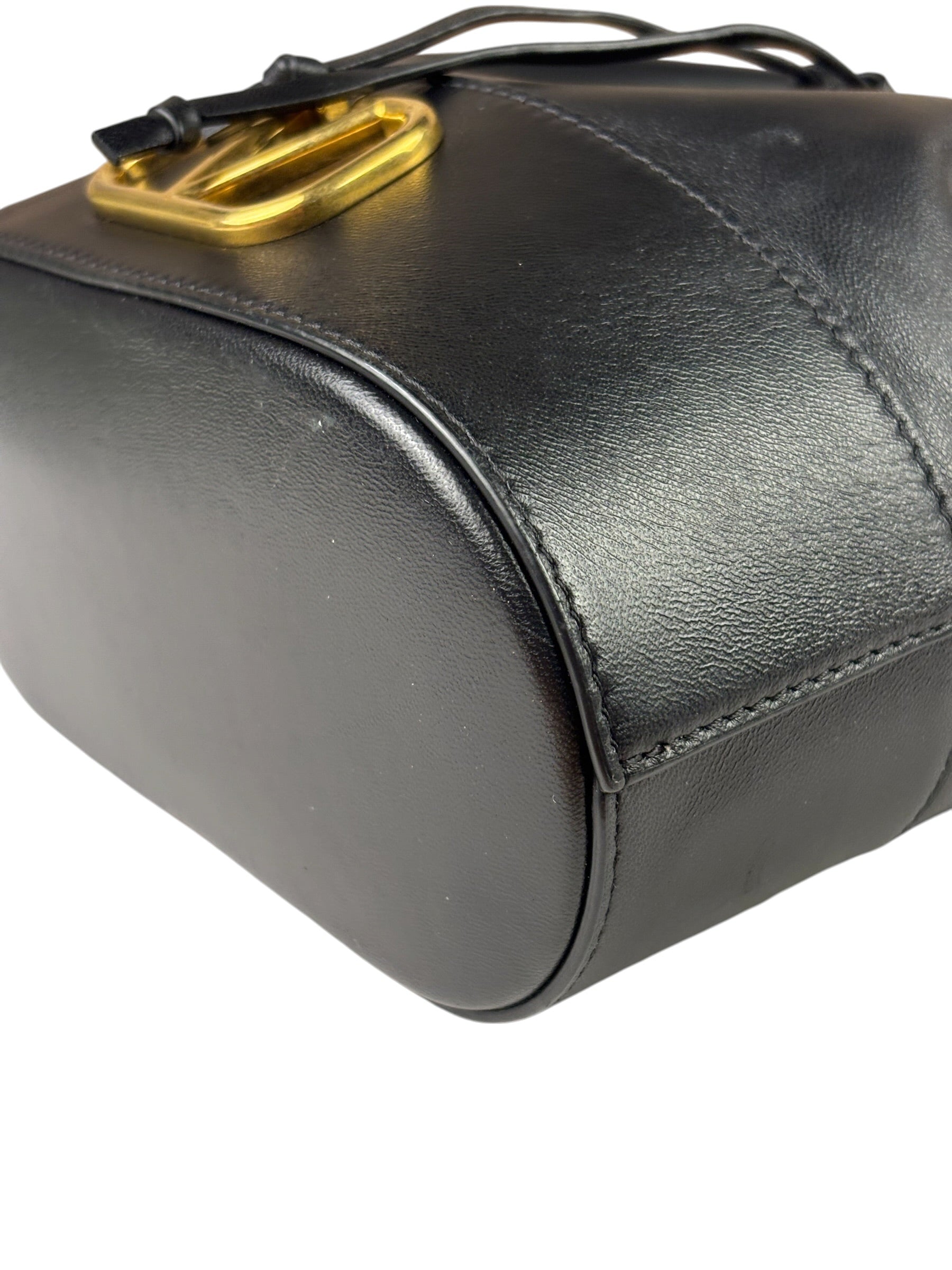 Valentino Black Leather Garavani Mini V Logo Signature Bucket Bag
