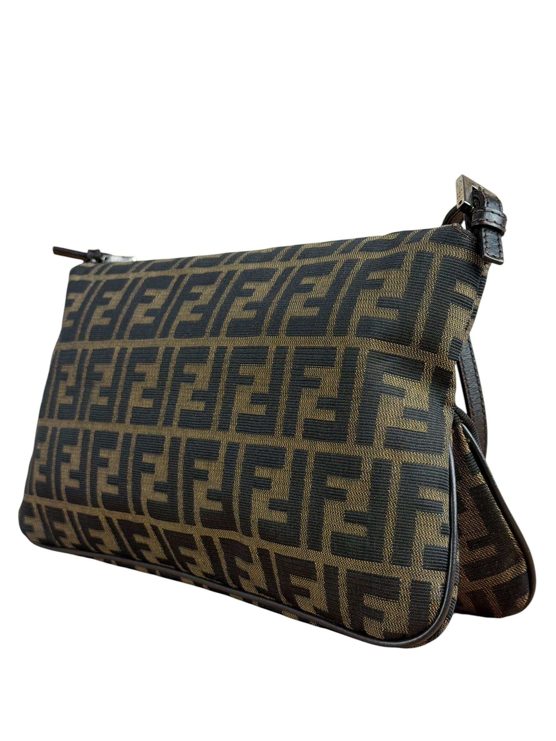 Fendi Brown Leather Trim Zucca FF Monogram Baguette