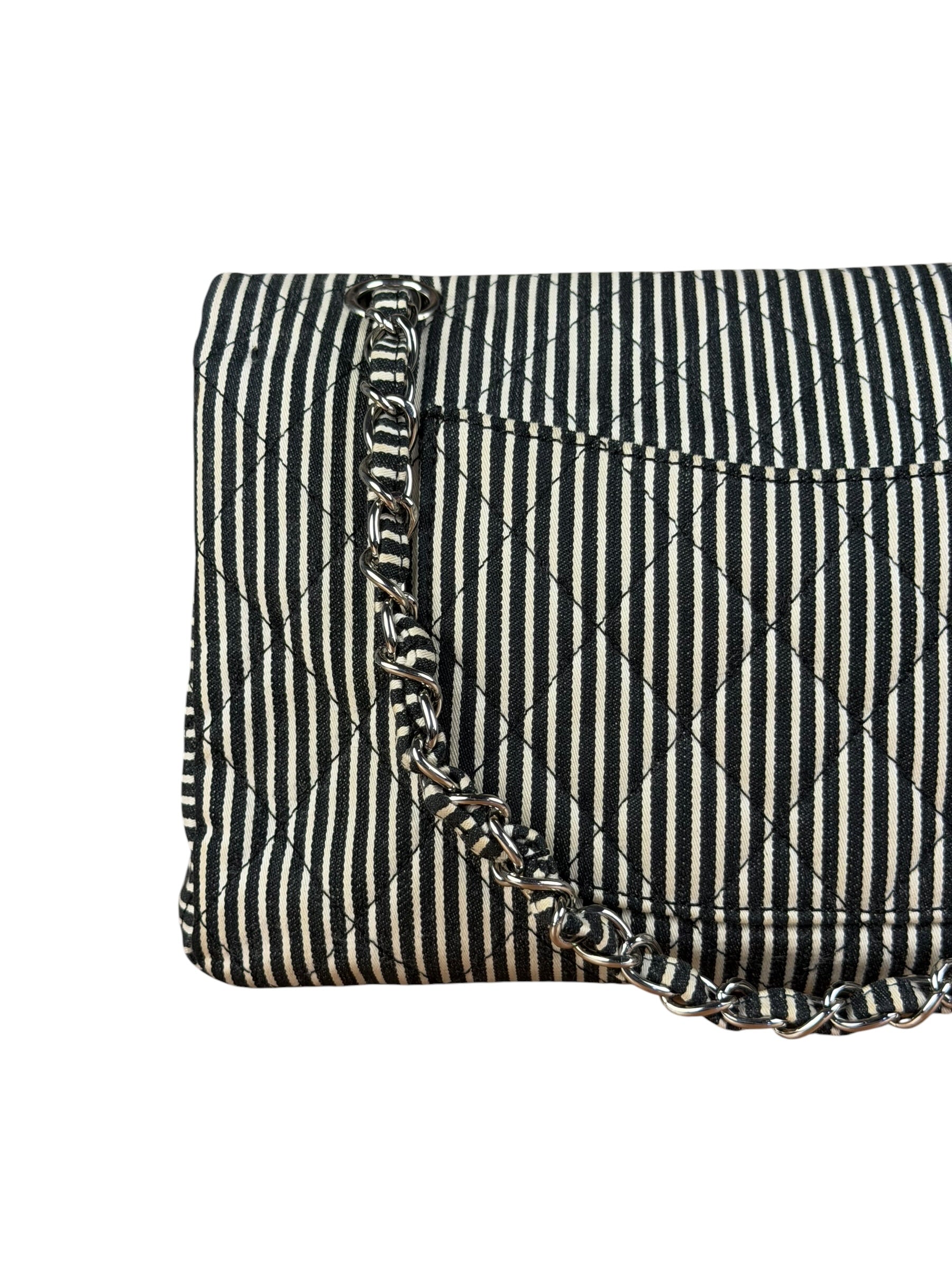 Chanel Black/White Sequin Stripped Medium Double Flap Shoulder Bag
