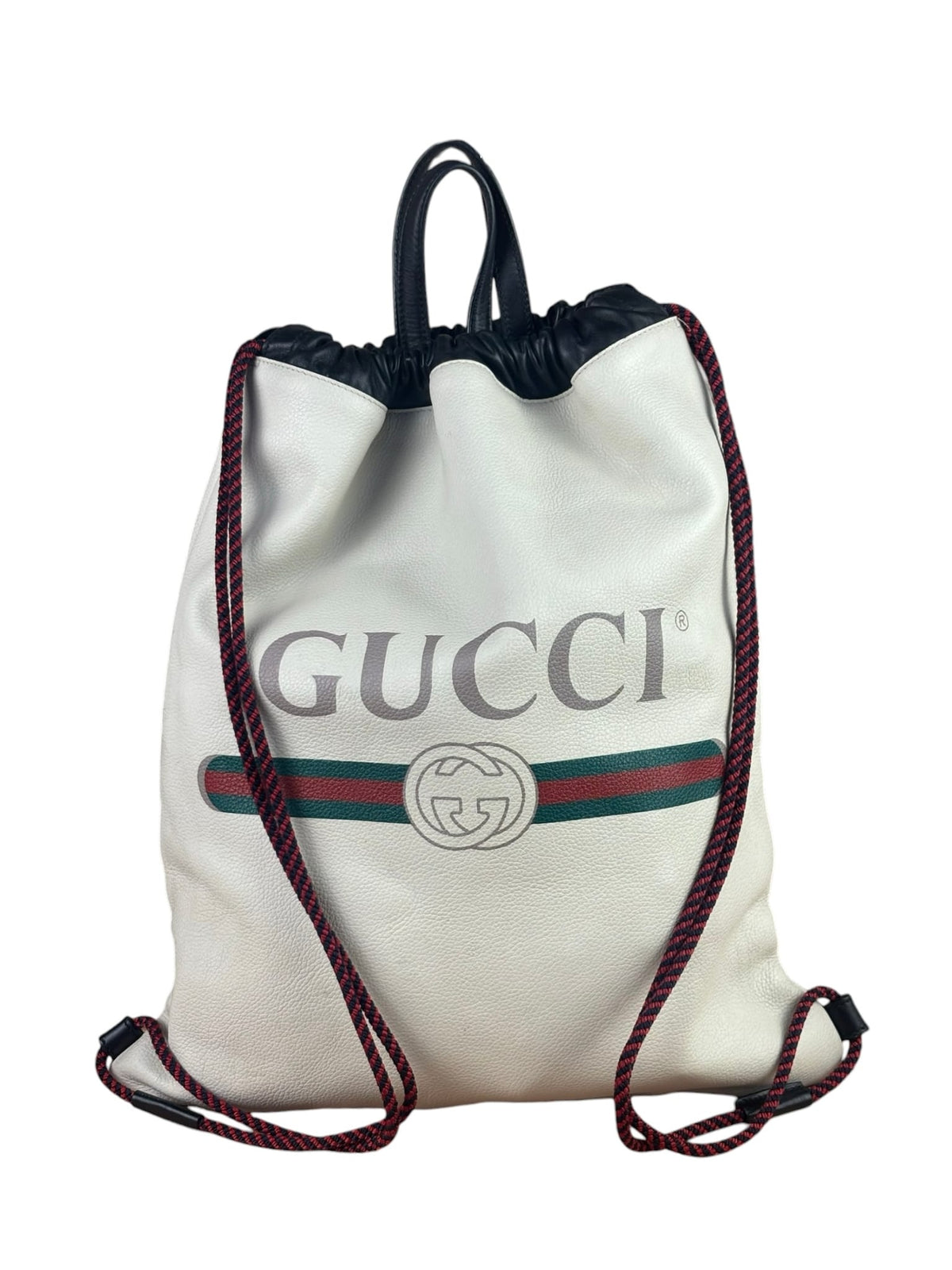 Gucci White/Black Leather Logo Drawstring Backpack
