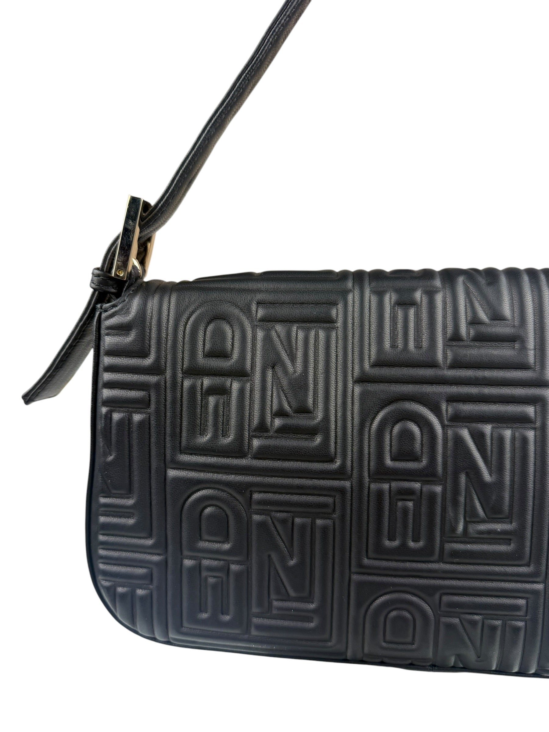 Fendi Black Leather 3D Logo Embossed Baguette