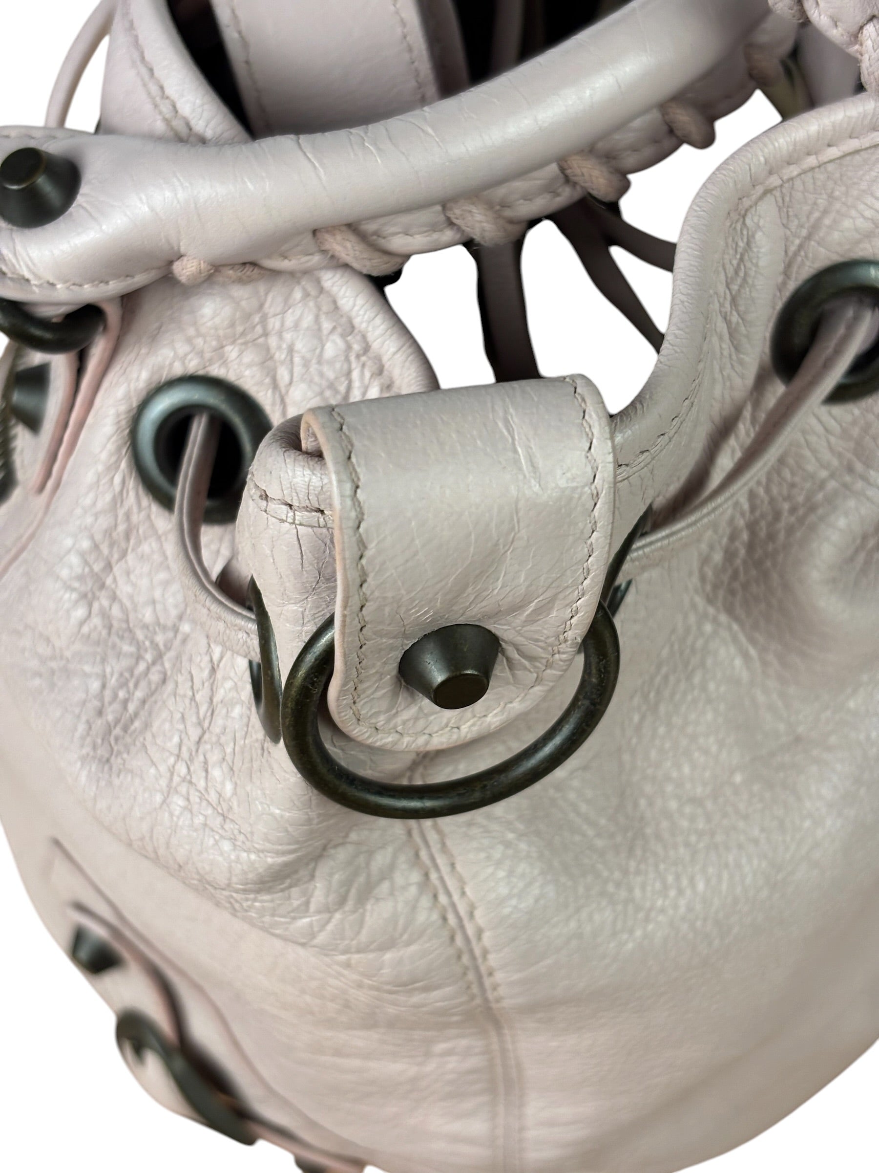 Balenciaga Baby Pink Leather Pompon Moto City 2Way Bucket Bag