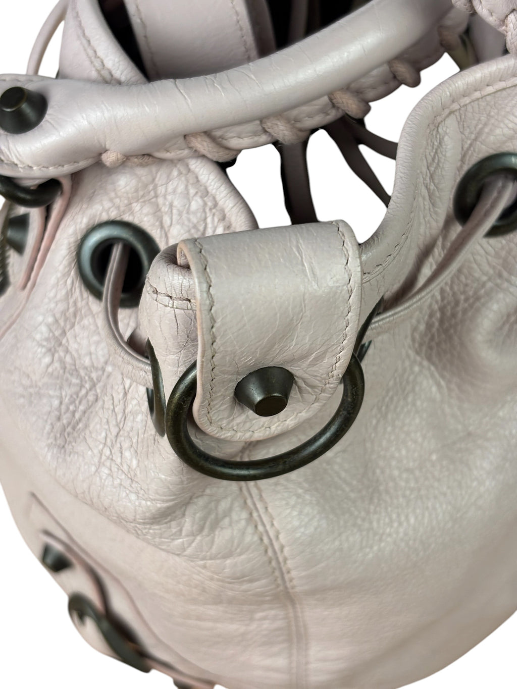Balenciaga Baby Pink Leather Pompon Moto City 2Way Bucket Bag