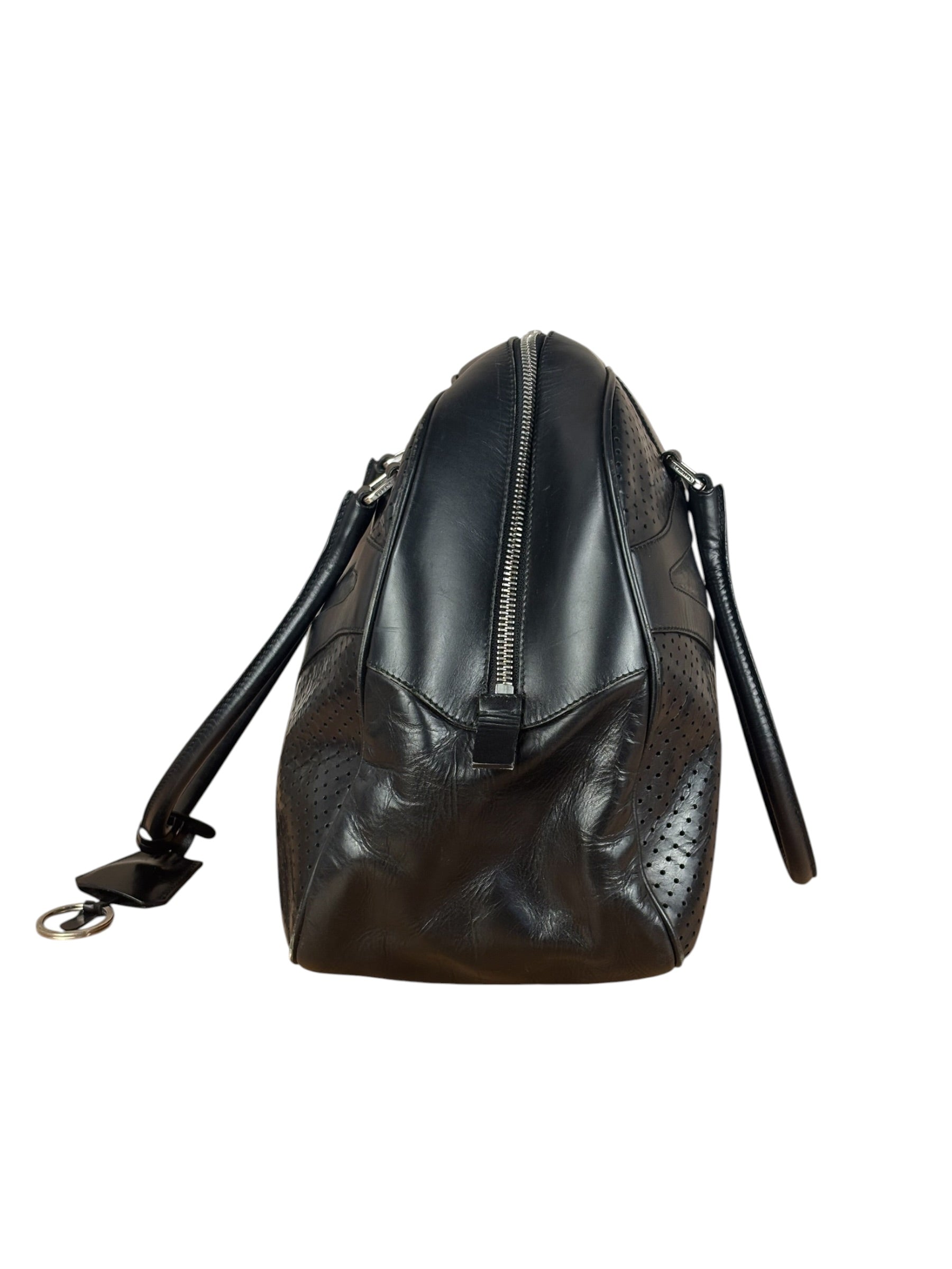 Prada Vintage Black Leather Vitello Drive Perforated Bowling Tote Bag