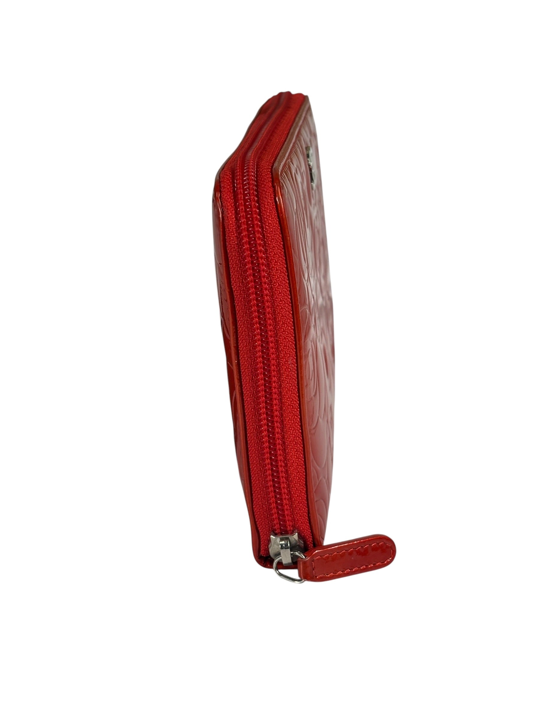 Chanel Red Patent Leather Embossed Camellia Zip-Around Wallet 2010