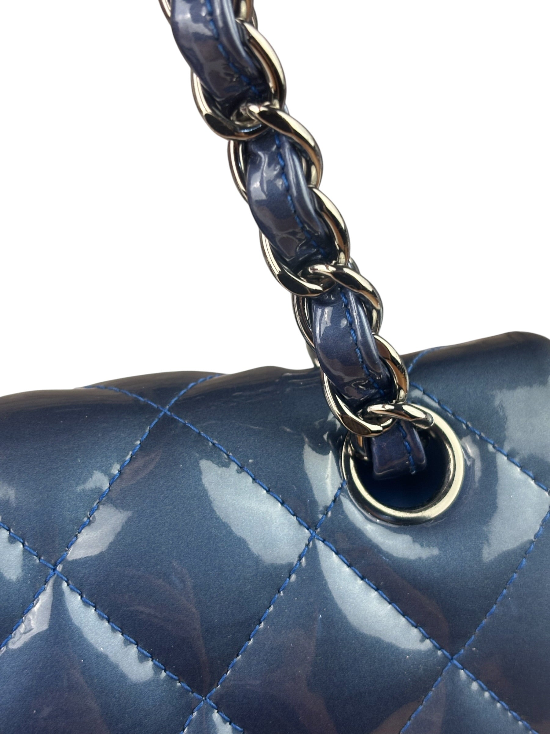Chanel Perl Glossy Blue Quilted Patent Leather Double Flap Bag 2012