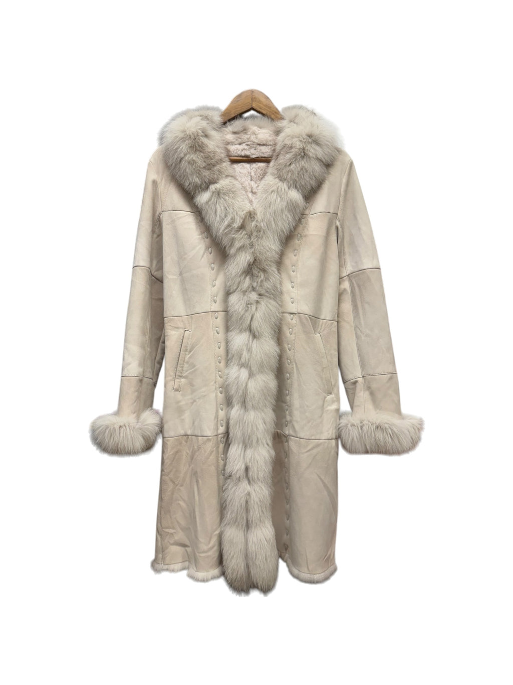 Vintage Bellucci Platinum Beige Suede Rabbit/Blue Fox Fur Long Coat