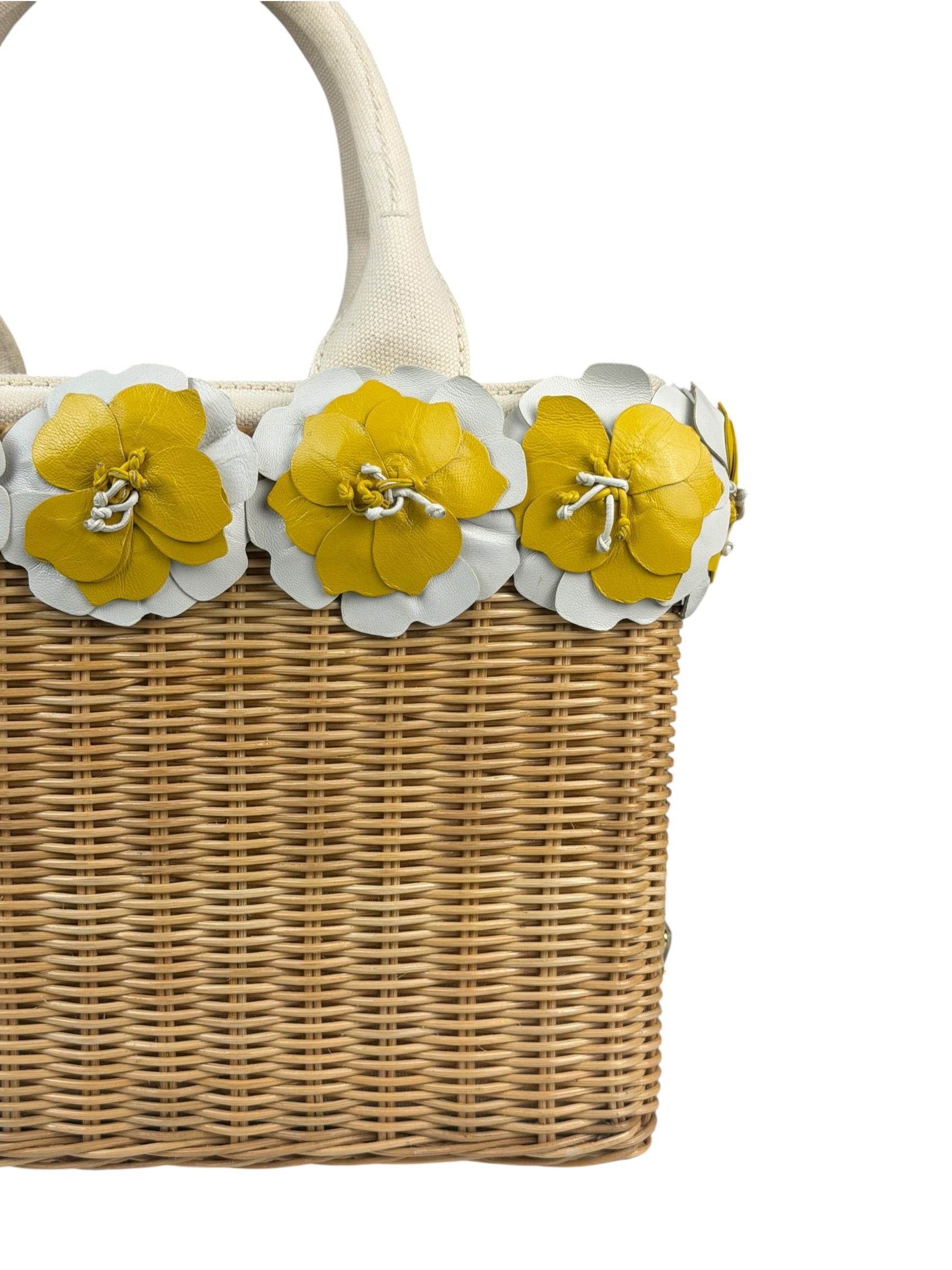 Prada Midollino Leather Trim Wicker Canvas Flower Basket
