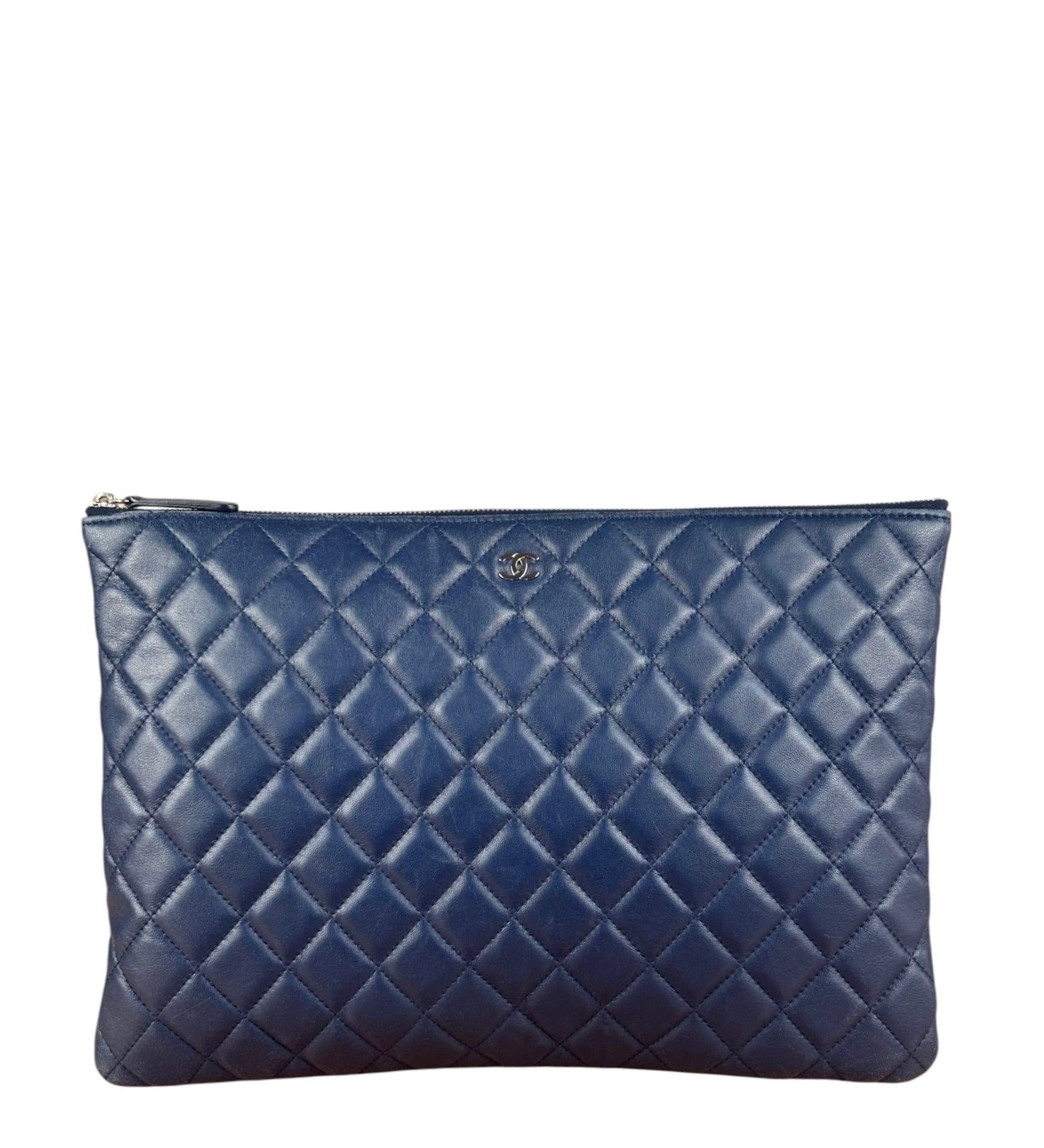 Chanel Navy Blue Leather Classic O-Case Clutch Pouch 2016