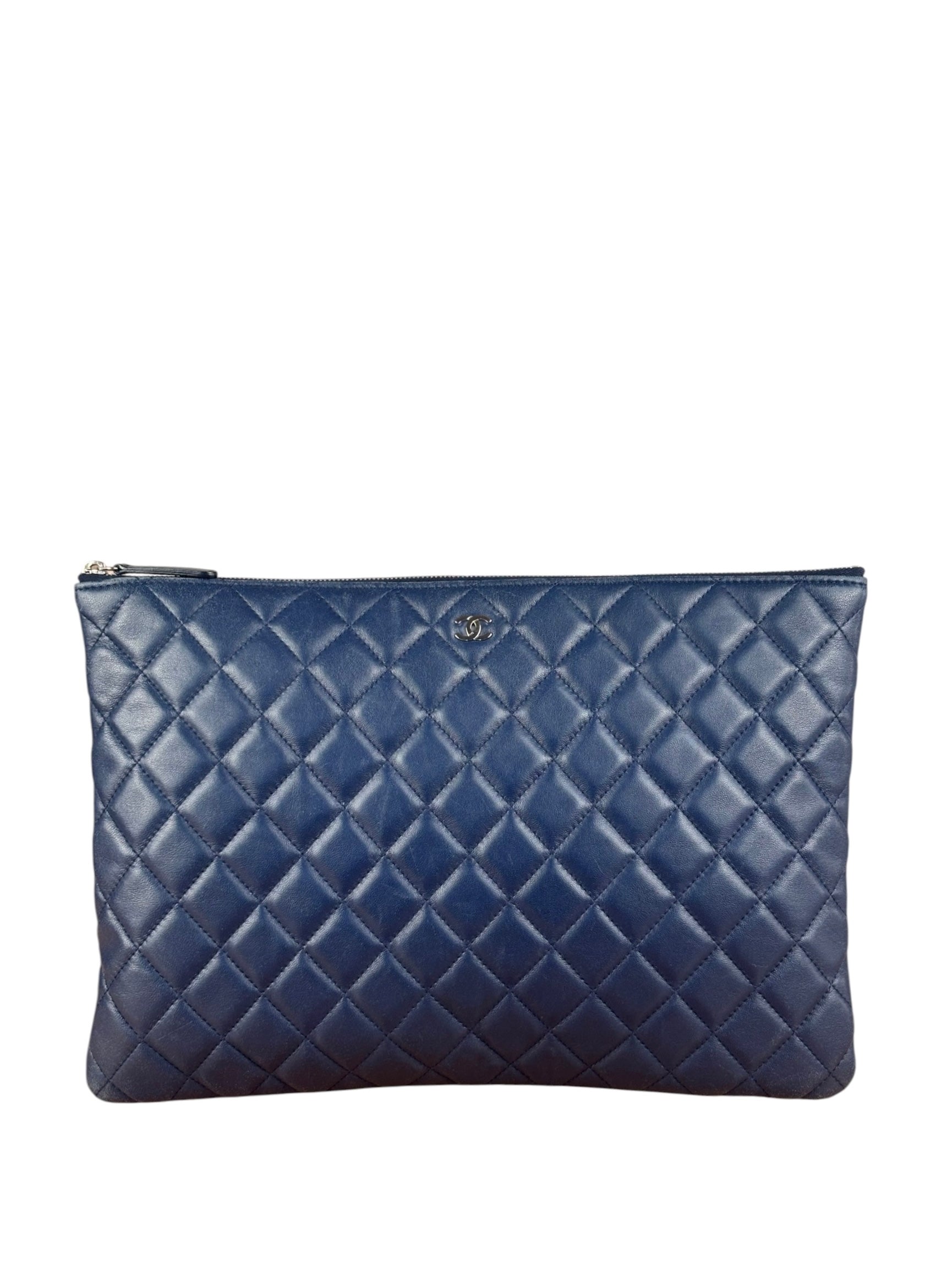 Chanel Navy Blue Leather Classic O-Case Clutch Pouch 2016