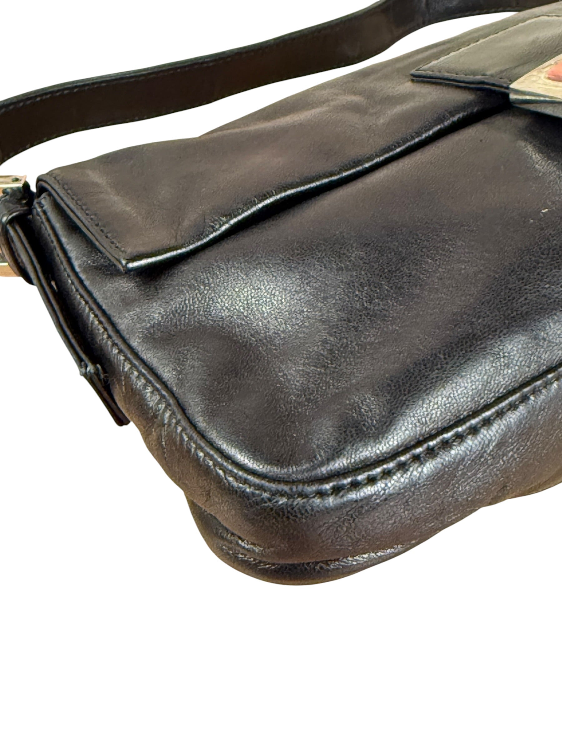 Fendi Vintage Black Leather Marble Buckle Baguette