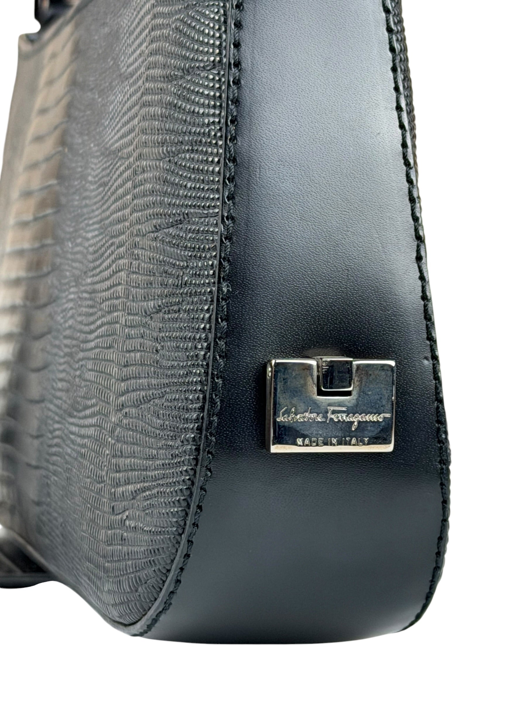 Salvatore Ferragamo Vintage Black Lizard Embossed Leather Pochette