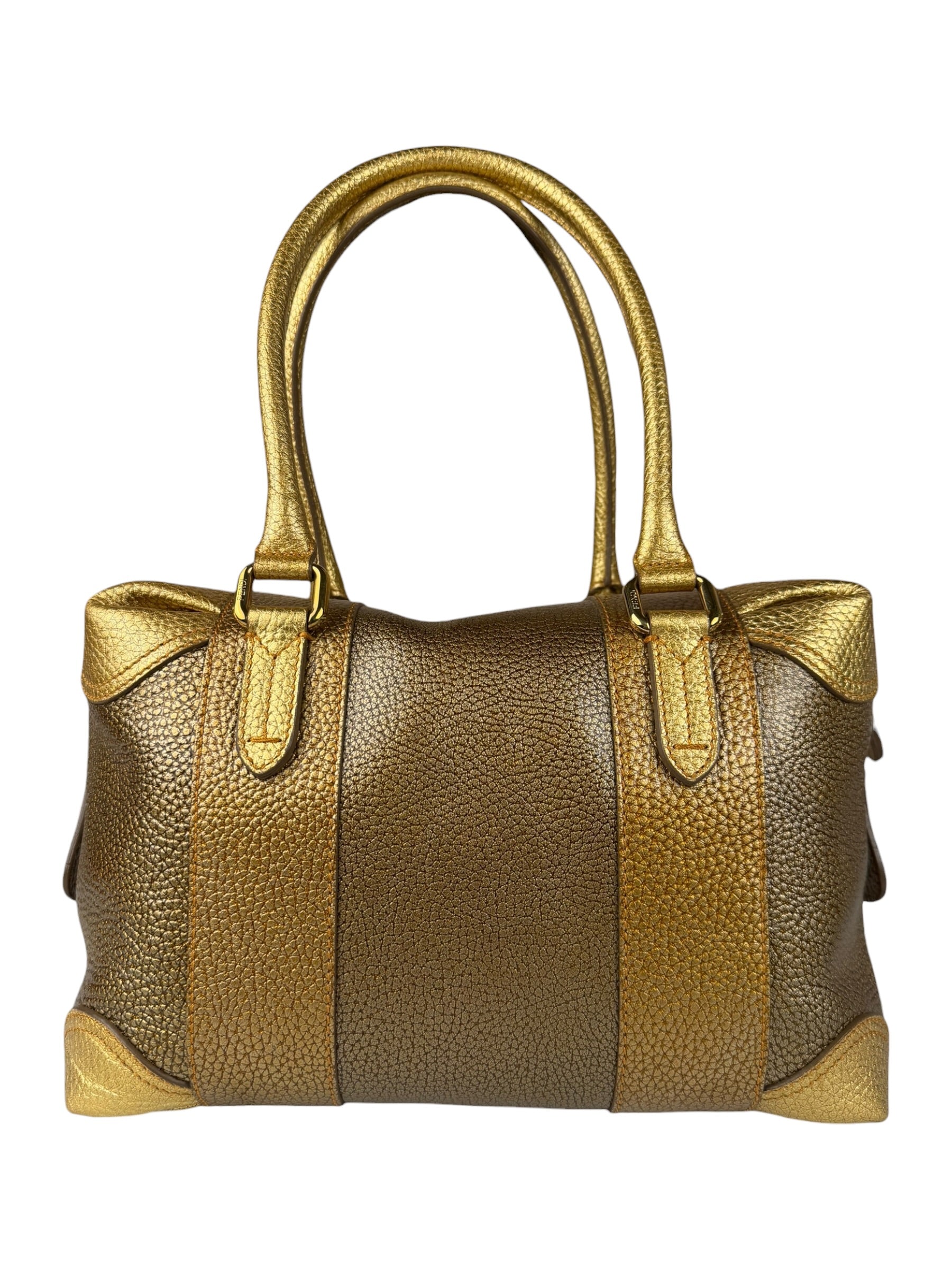 Fendi Metalic Gold Patent Pebbled Leather Media Boston Bag