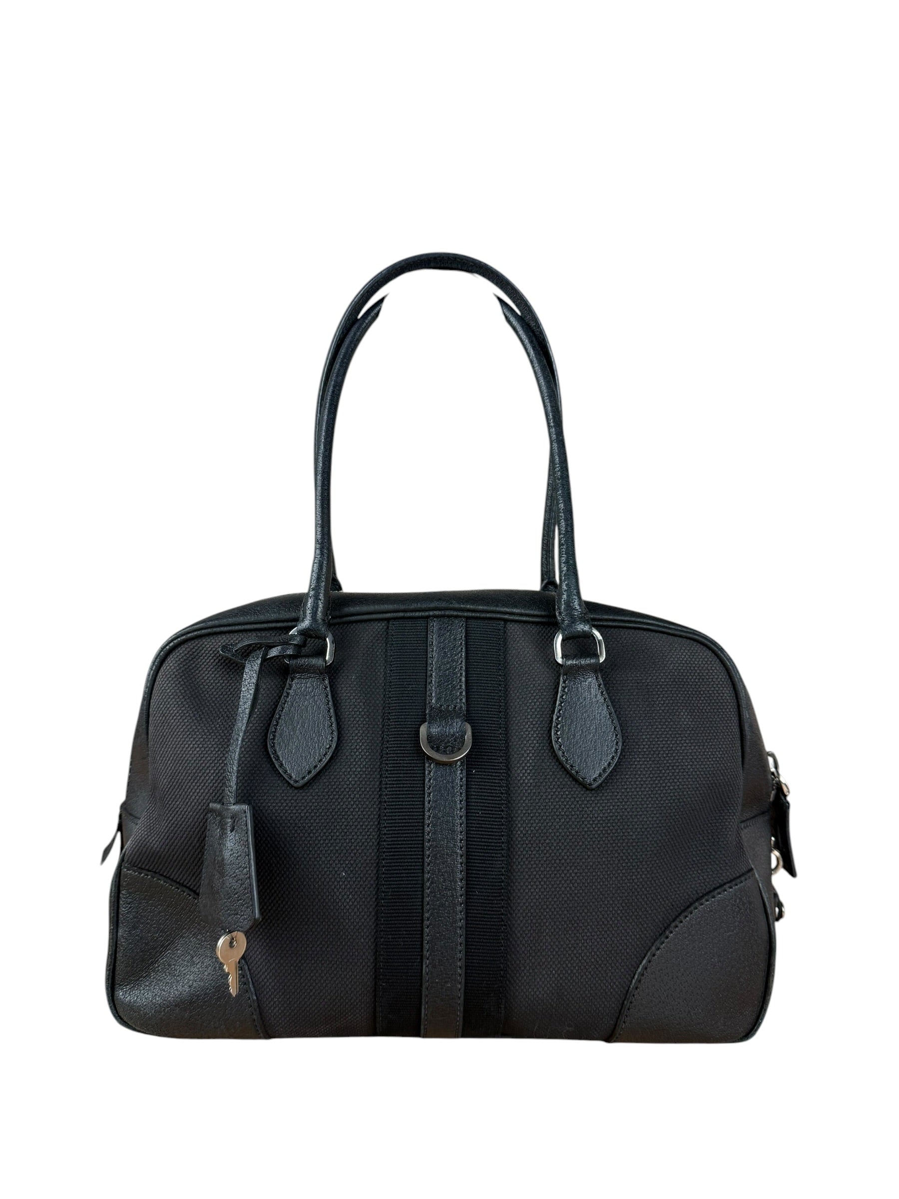 Prada Vintage Black Canvas Leather Trim Bowler Shoulder Bag