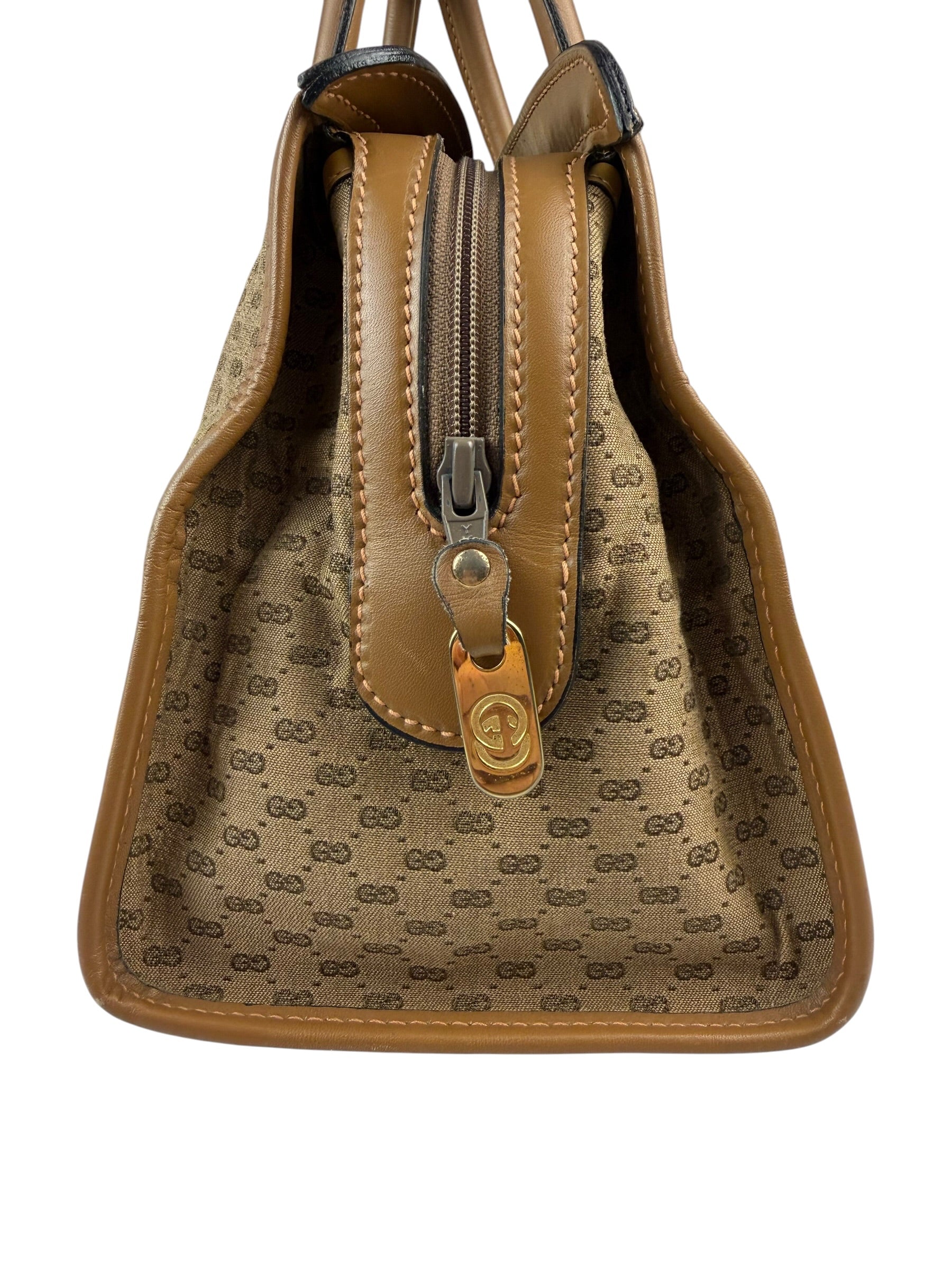 Gucci Brown Leather Trim Micro GG Sherry Line Boston Handbag