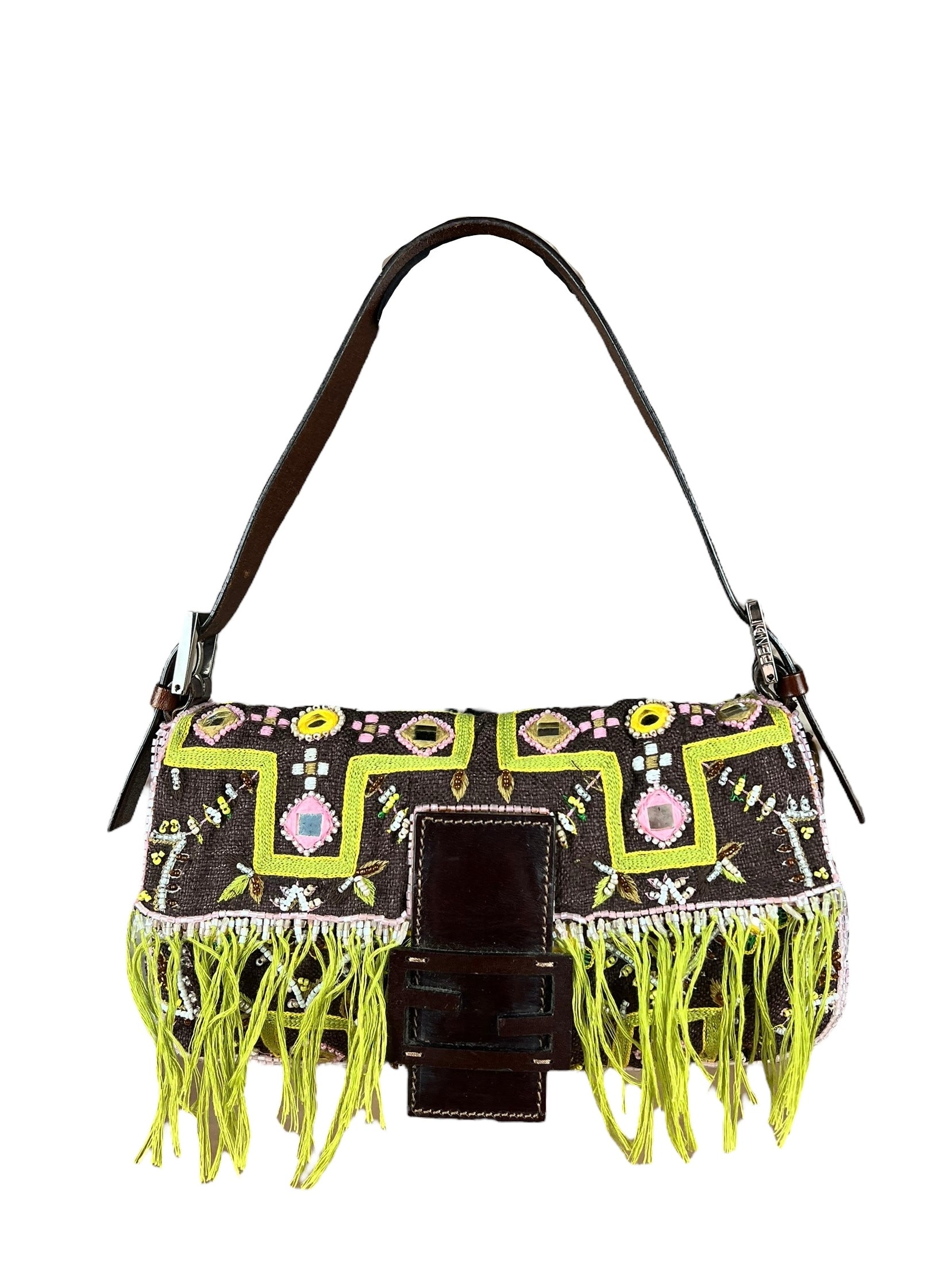 Fendi Canvas Baguette Dark Brown Beaded