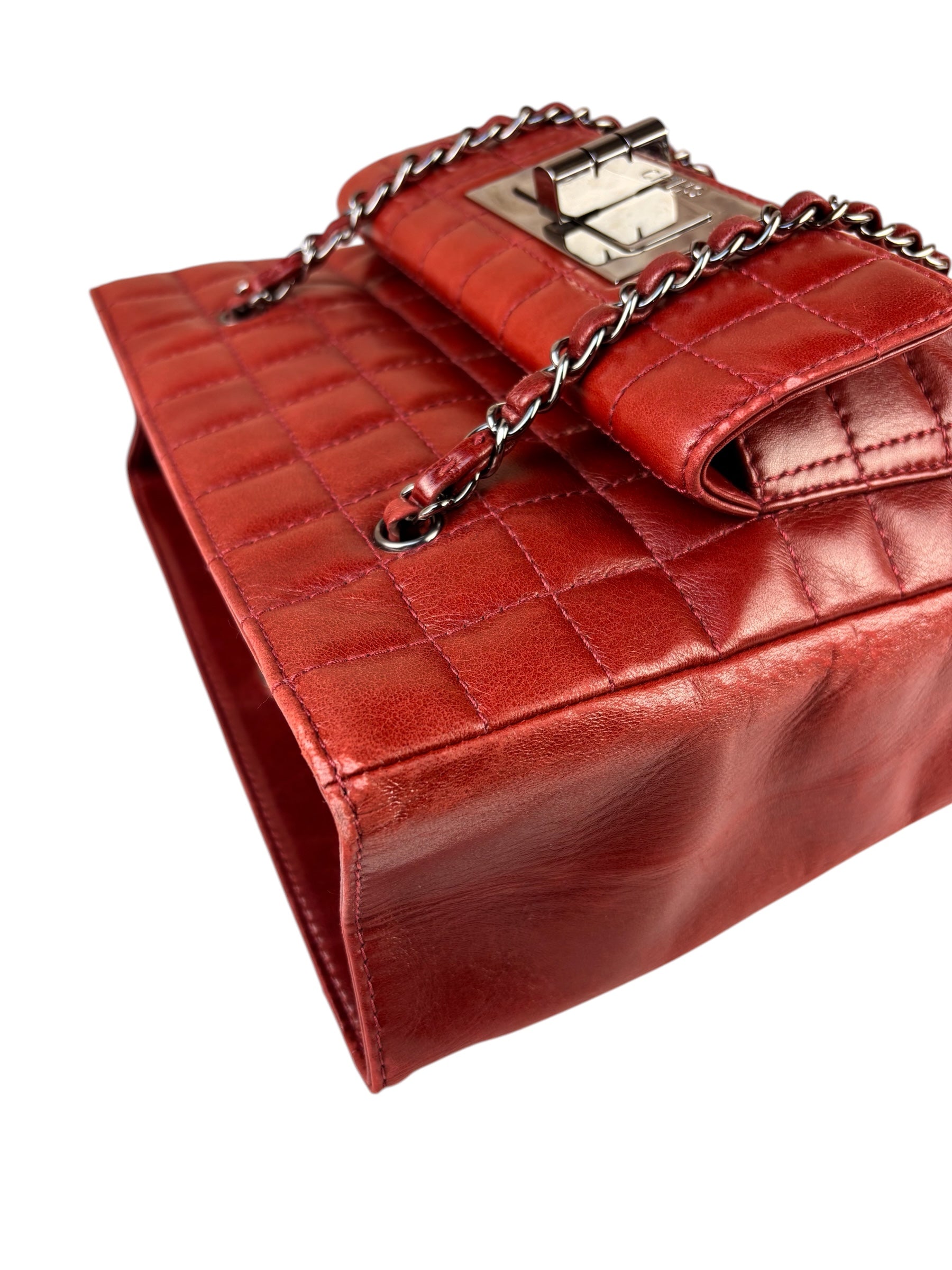 Chanel Red Lambskin Chocolate Bar Mademoiselle Reissue Square Tote  2004