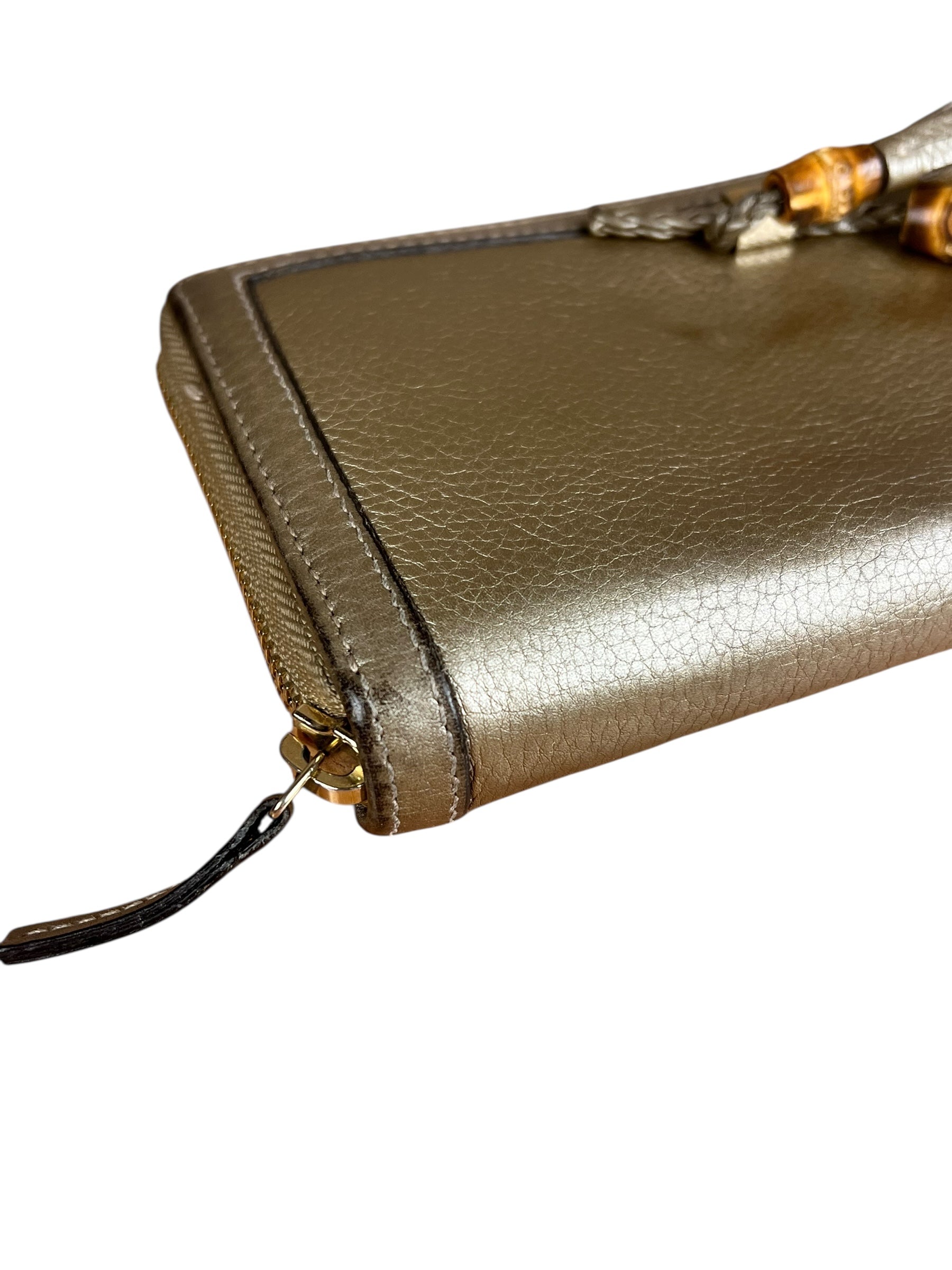 Gucci Bronze Metallic Leather Bamboo Long Zippy Wallet