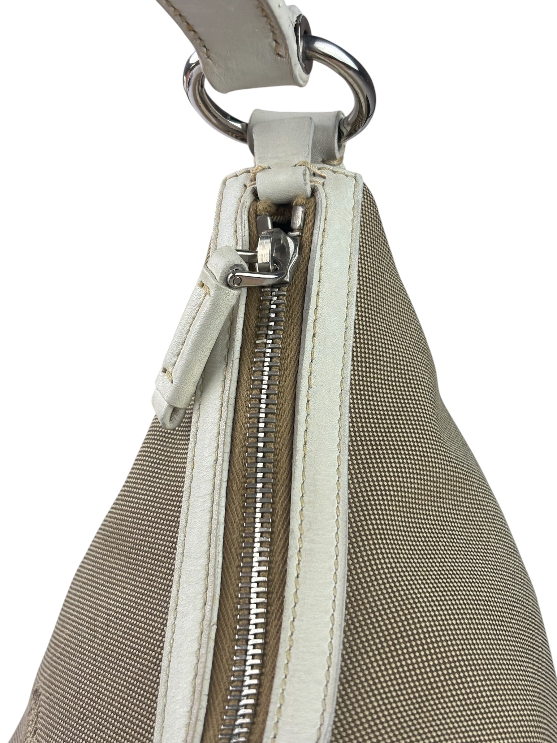 Prada Beige/Cream Leather Trim Logo Jacquard Hobo Bag
