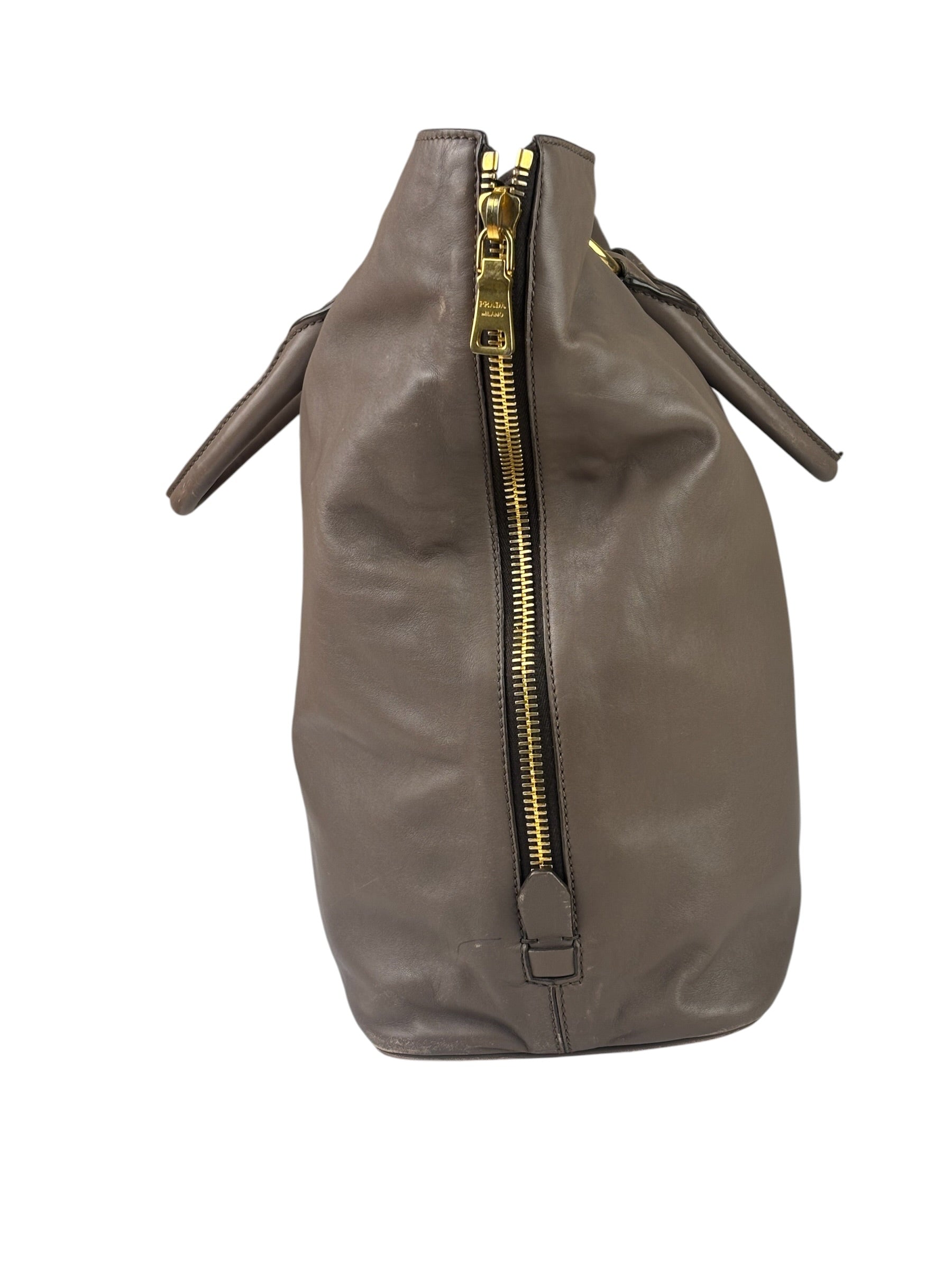 Prada Neutral Taupe Vitello Daino Leather Side Zip Large Shopper Tote