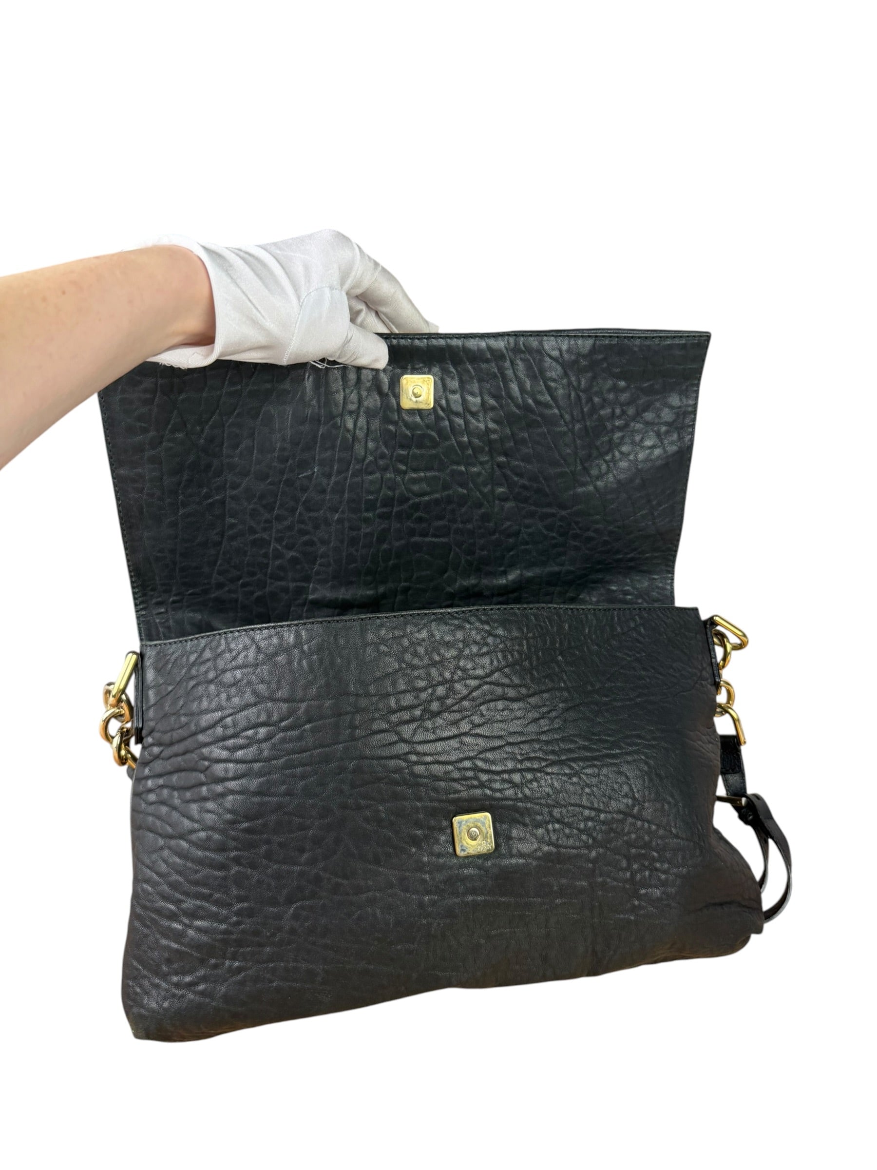 Fendi Black Pebbled Leather Mia Flap Bag