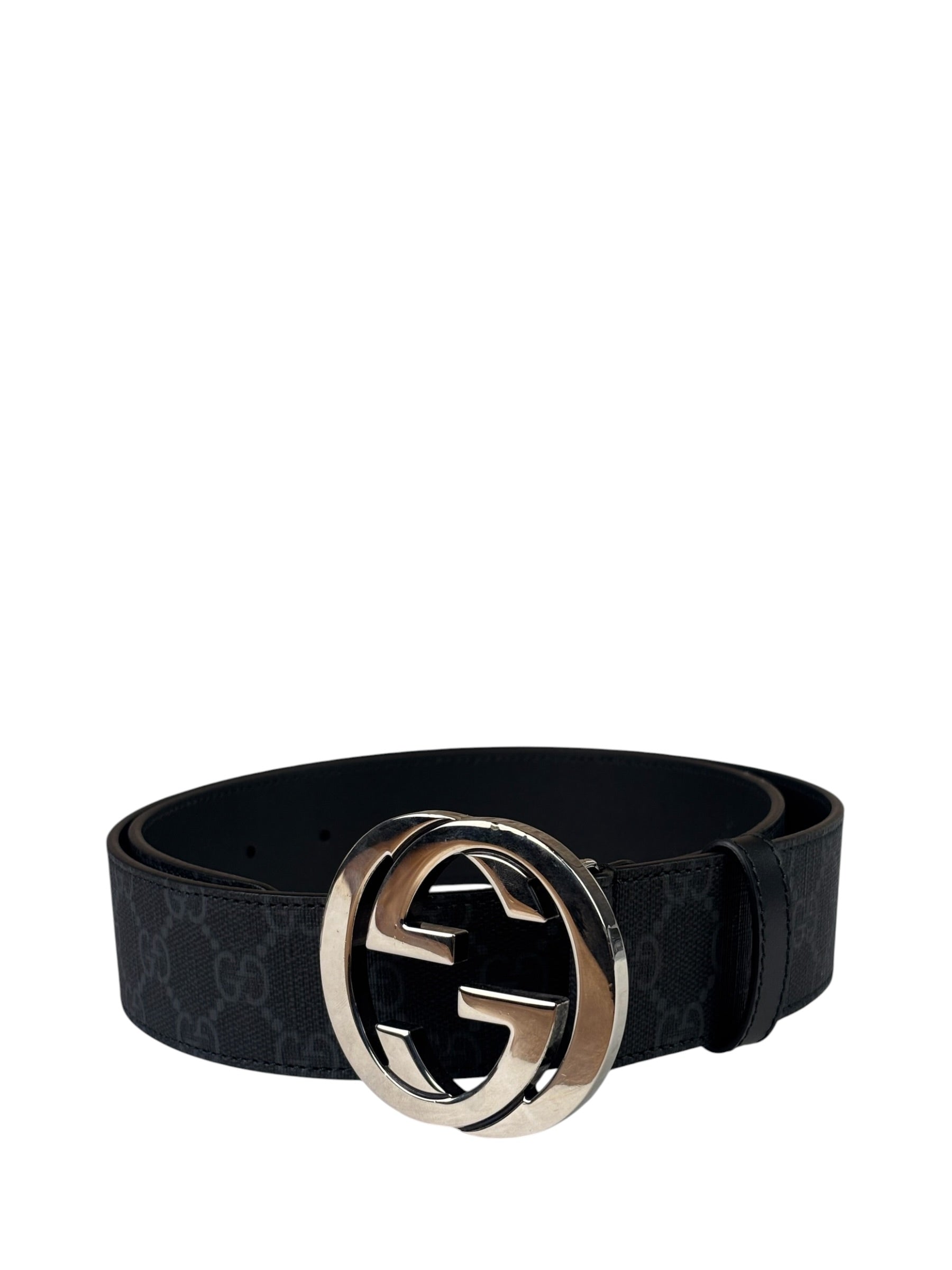 Gucci GG Supreme Black Interlocking Silver G Buckle Belt