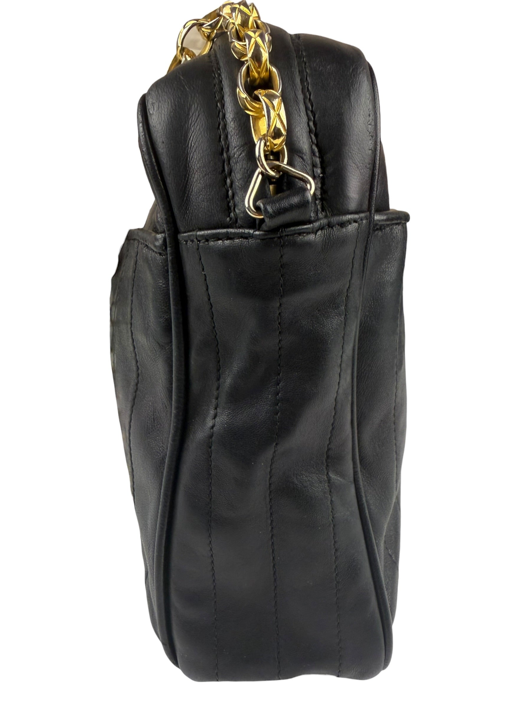 Chanel Vintage Black Leather Mademoiselle Vertical Quilted Shoulder Bag 1990's